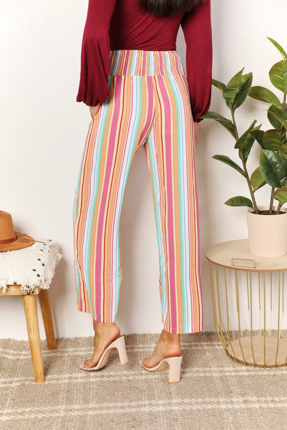 Double Take Striped Smocked Waist Pants with Pockets in Multicolor