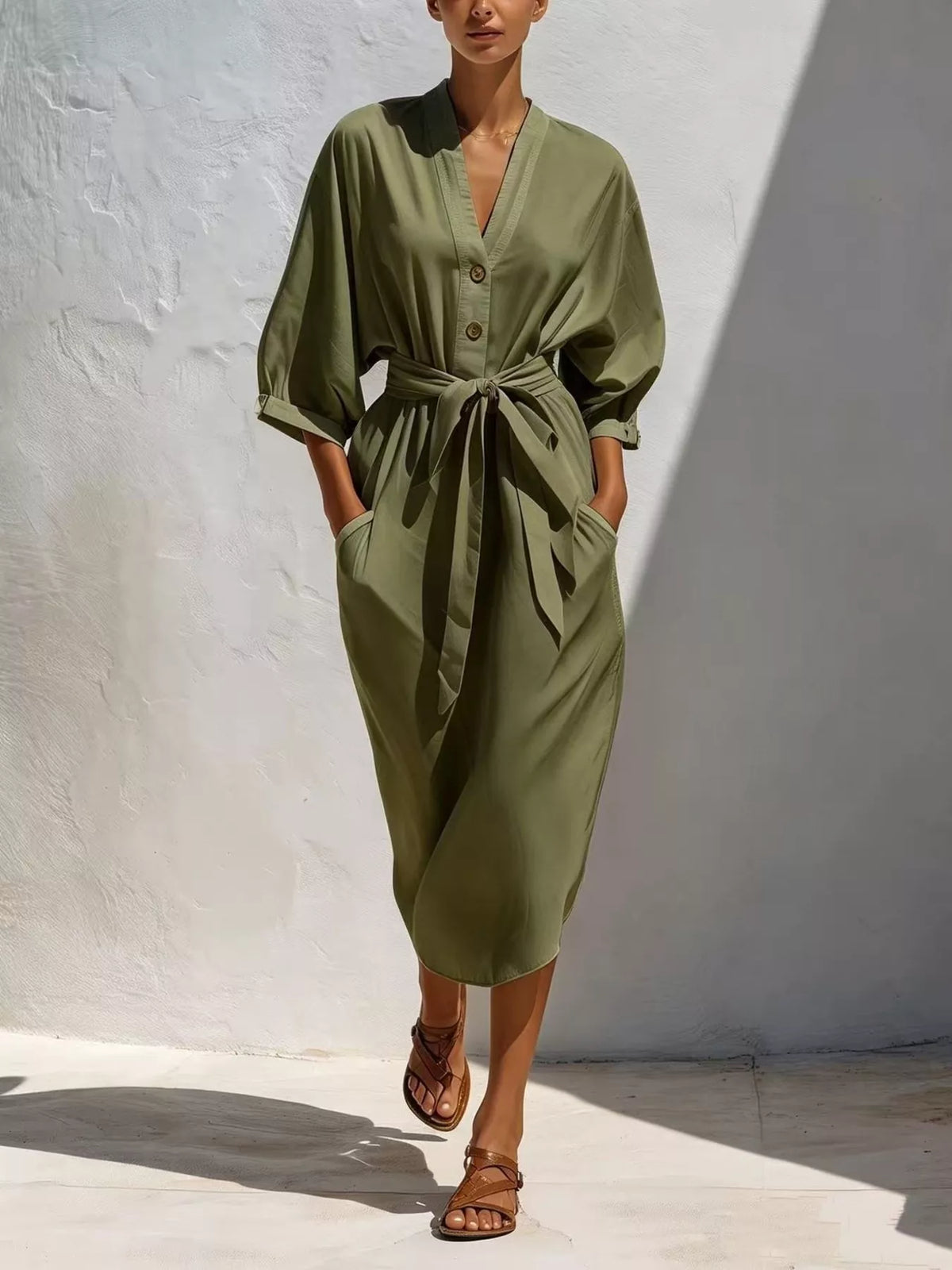 Tie-Waist V-Neck Button Midi Dress