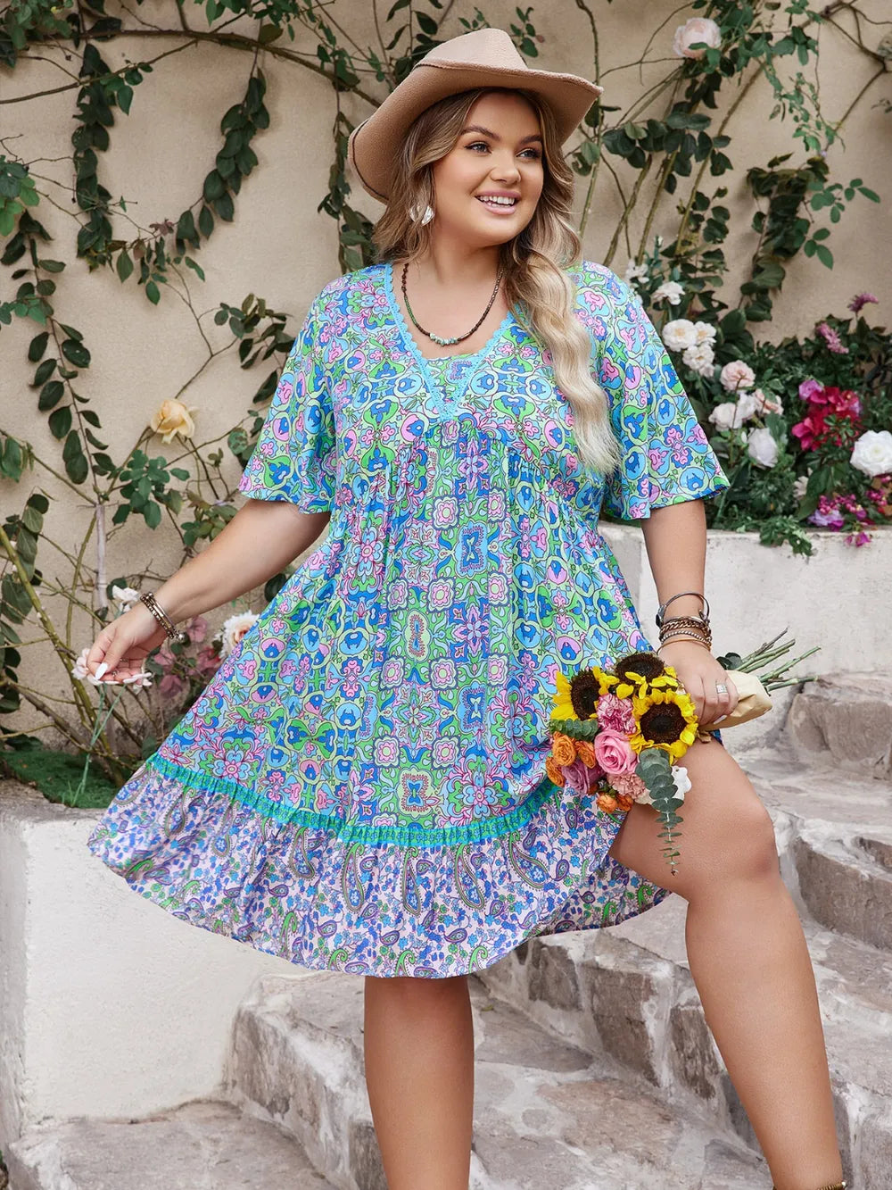 Ruffled Hem Lace Detail Dress in Sky Blue
