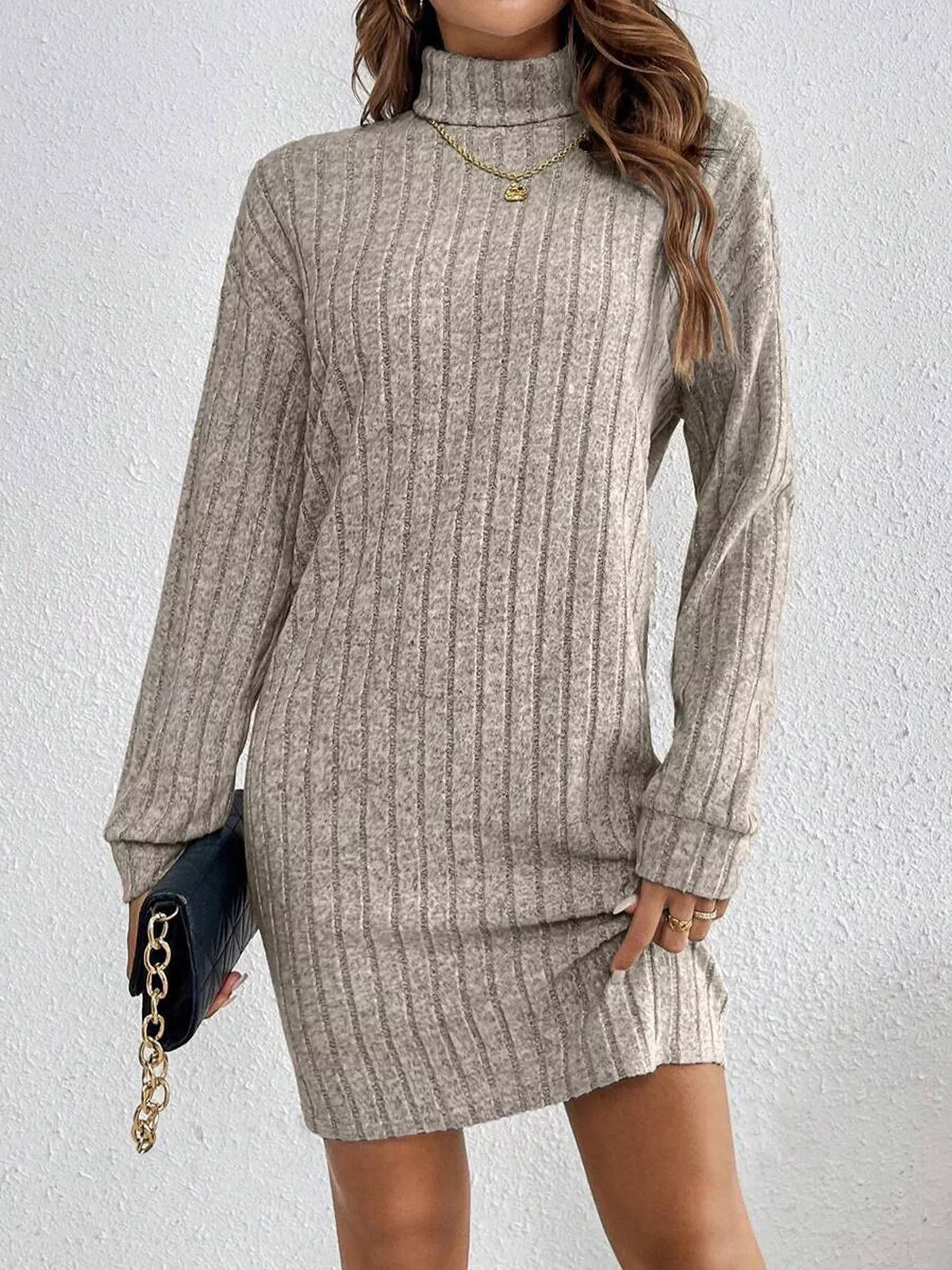 Turtleneck Ribbed Knit Dress in Mocha