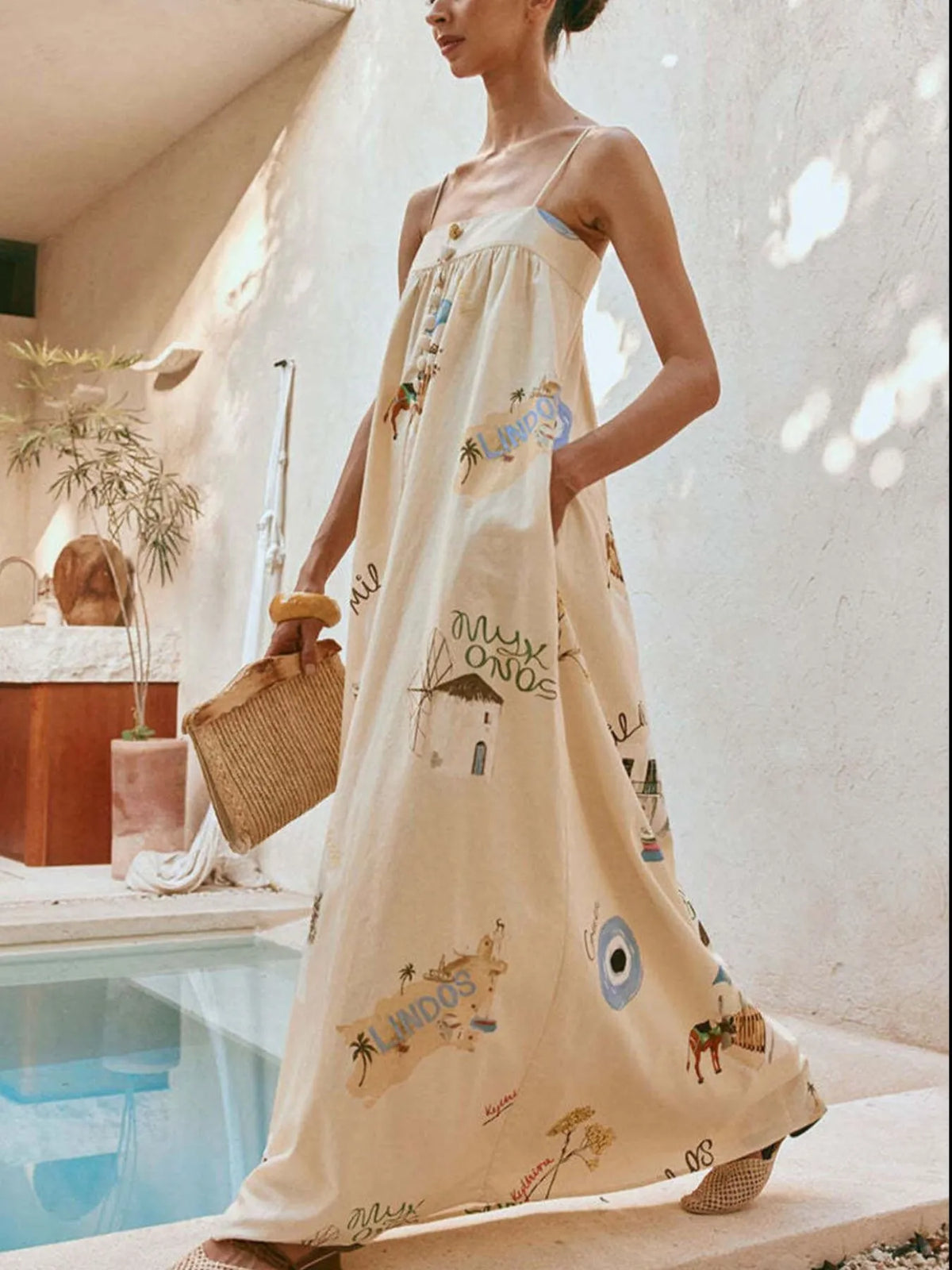 Bohemian Print Cami Maxi Dress in Beige