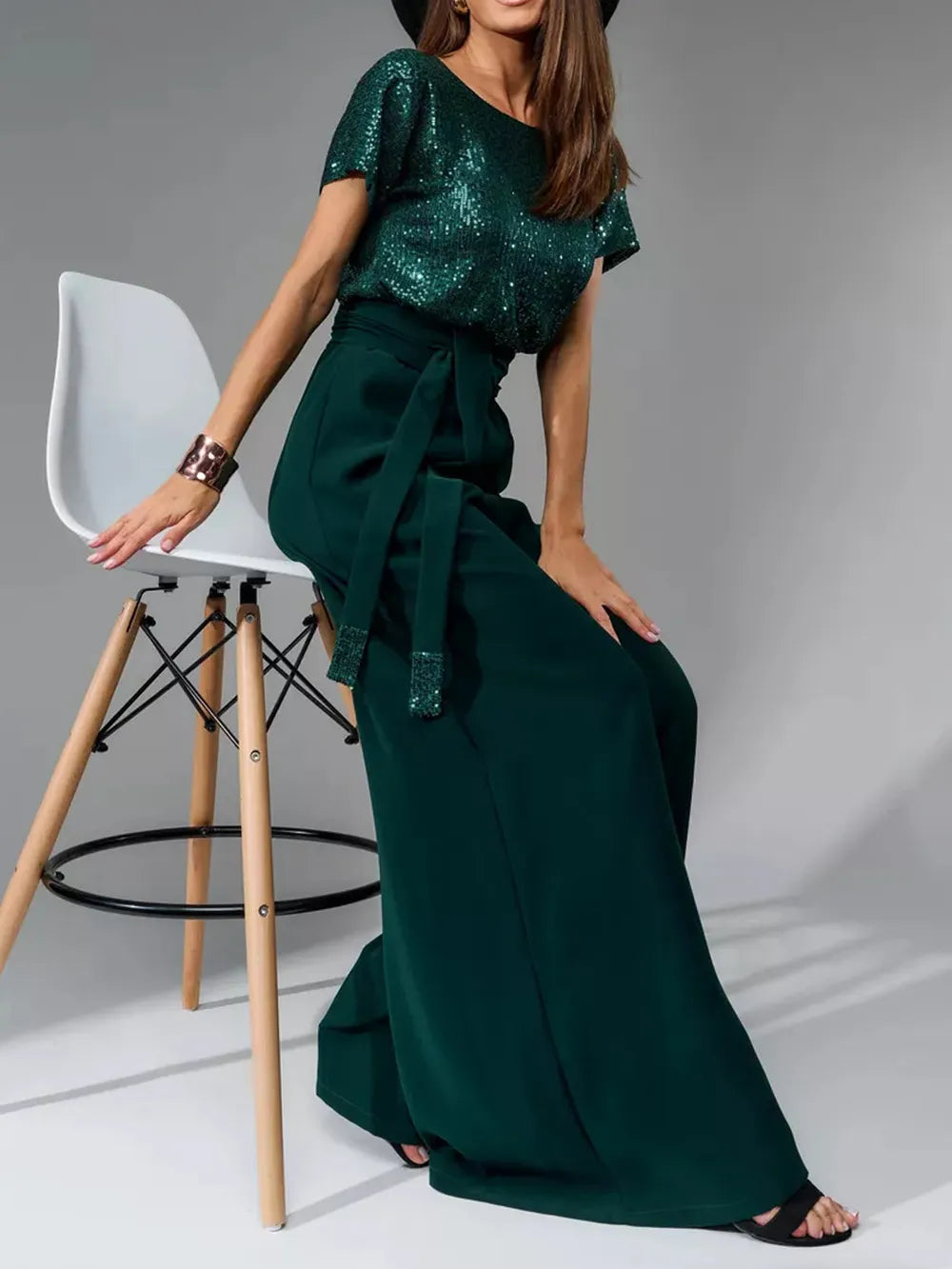 Sequin Round Neck Short Sleeve Jumpsuit, Plus Size