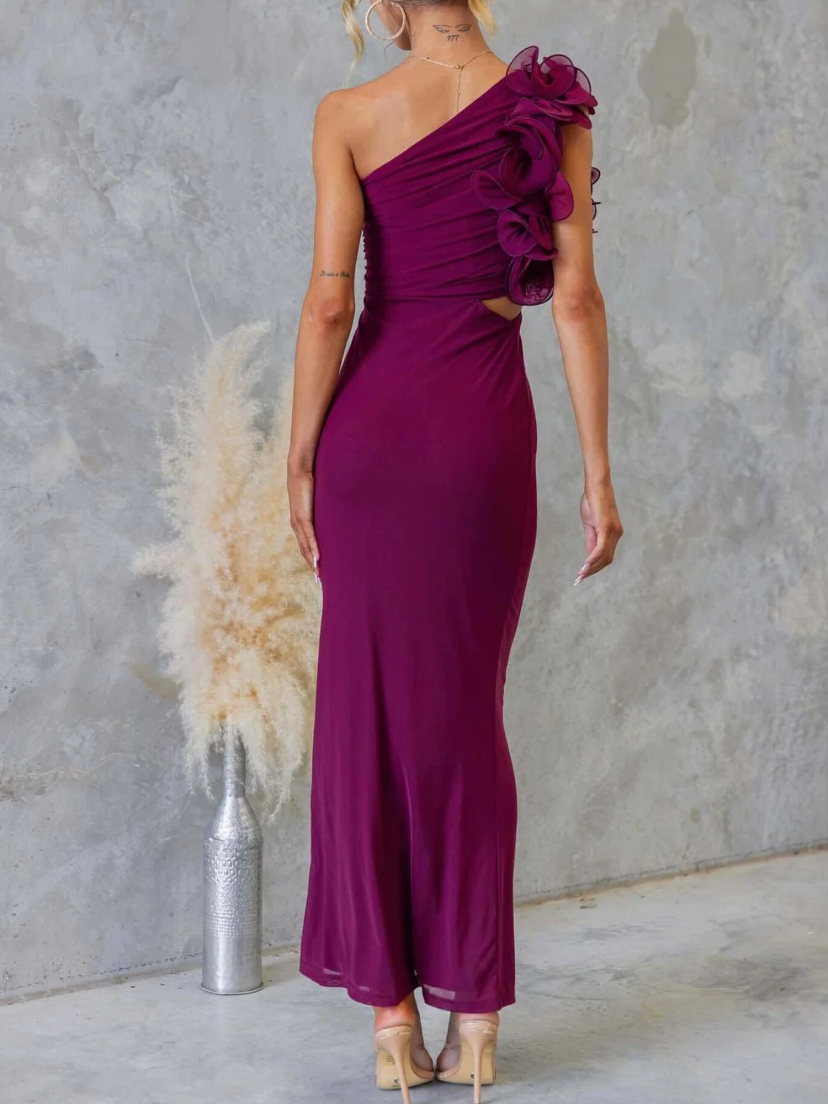 One-Shoulder Floral Trim Maxi Dress