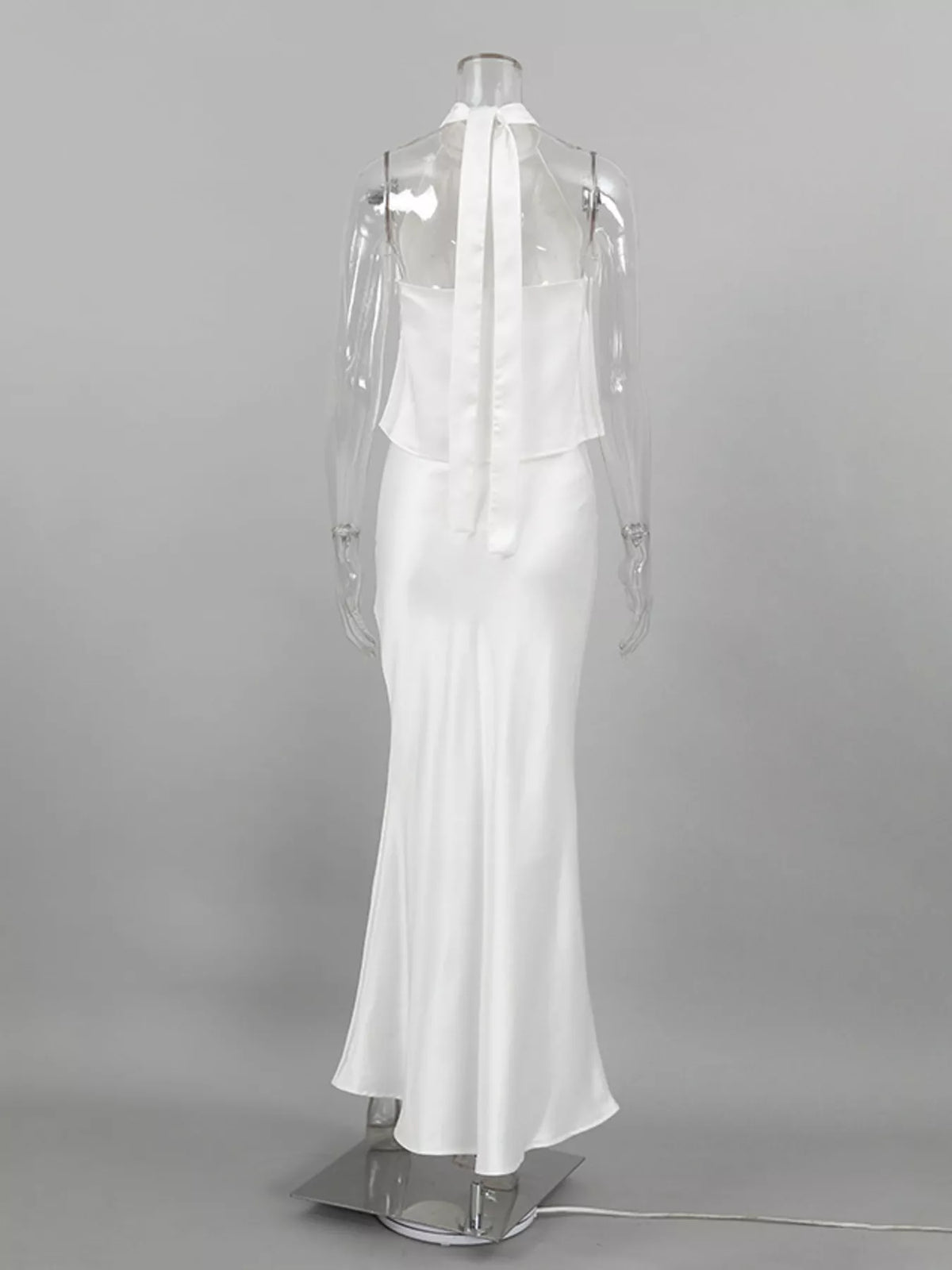 Satin Halter Two-Piece Skirt Set in White