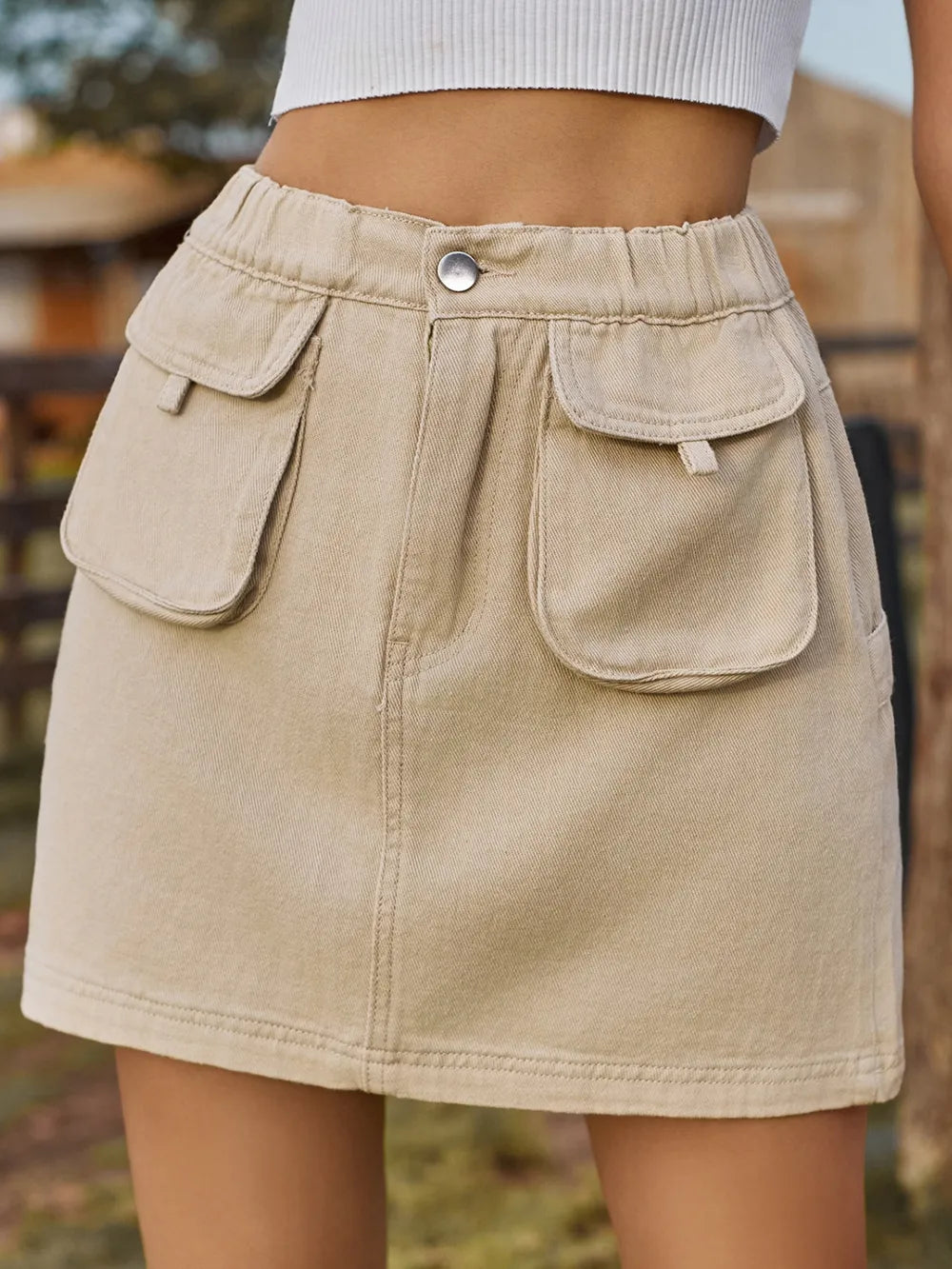 Elastic-Waist Pocketed Denim Skirt by Manny