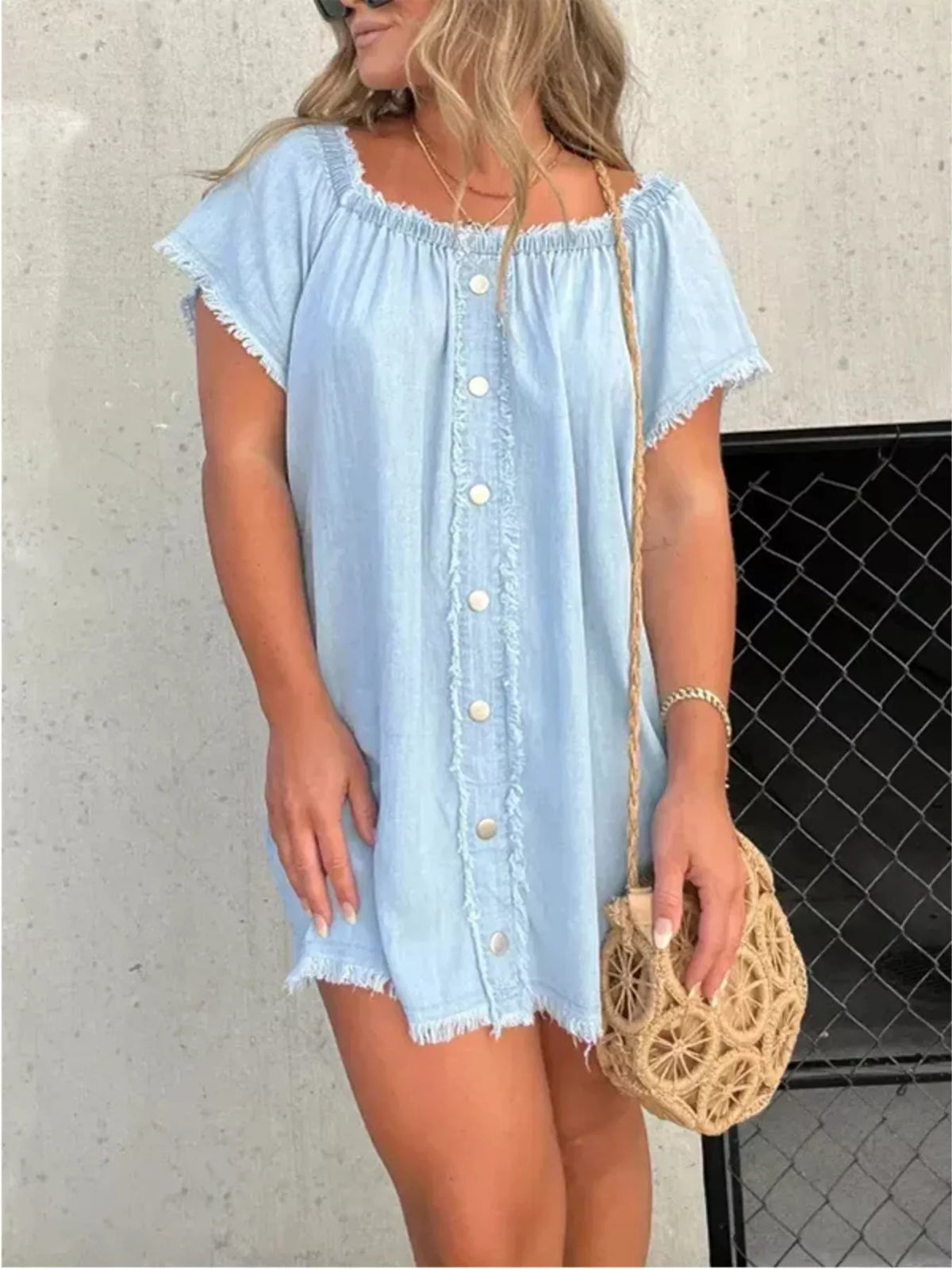 Off-Shoulder Button-Down Frayed Denim Dress