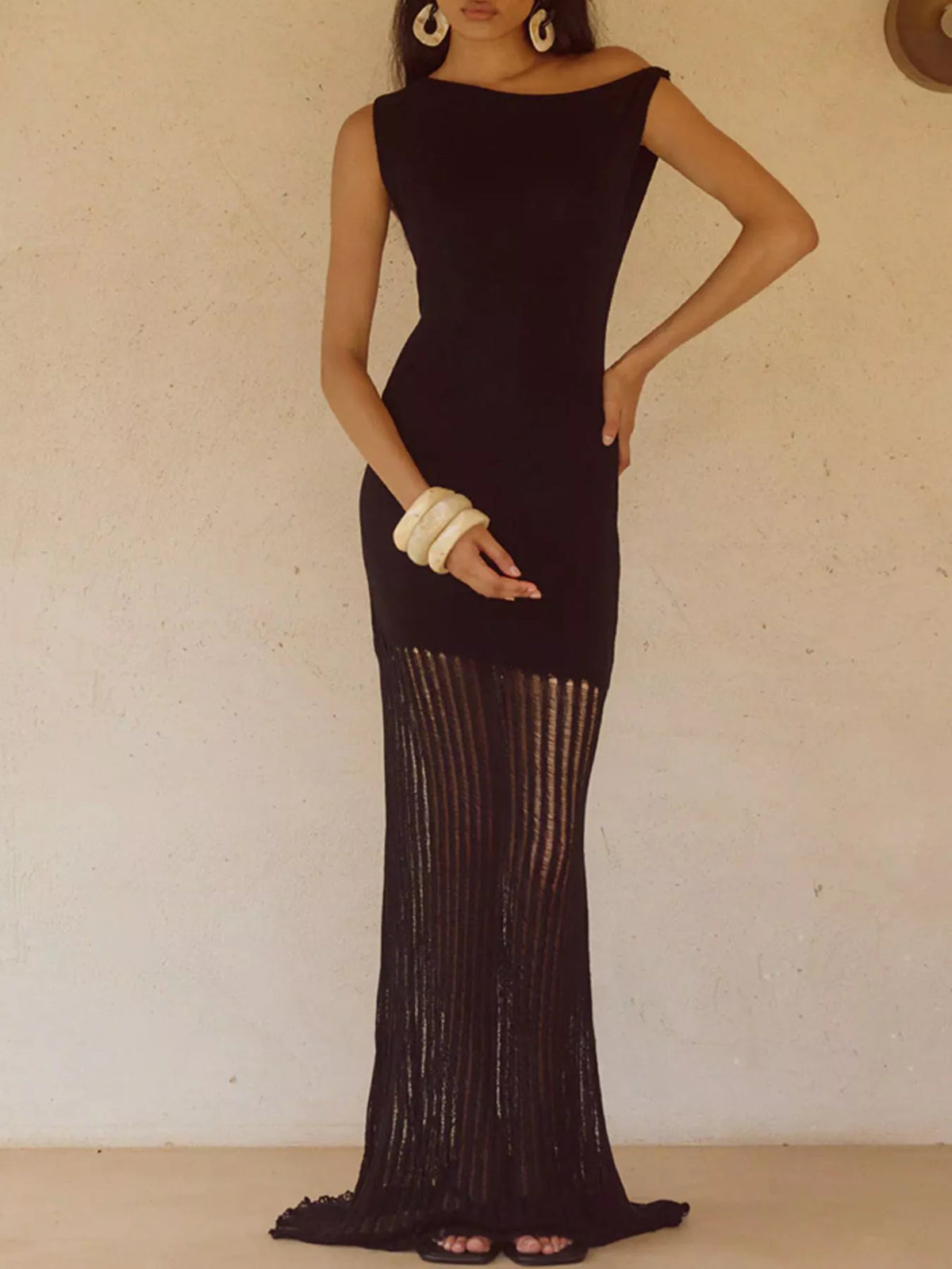 One-Shoulder Fringe Maxi Dress in Dark Brown