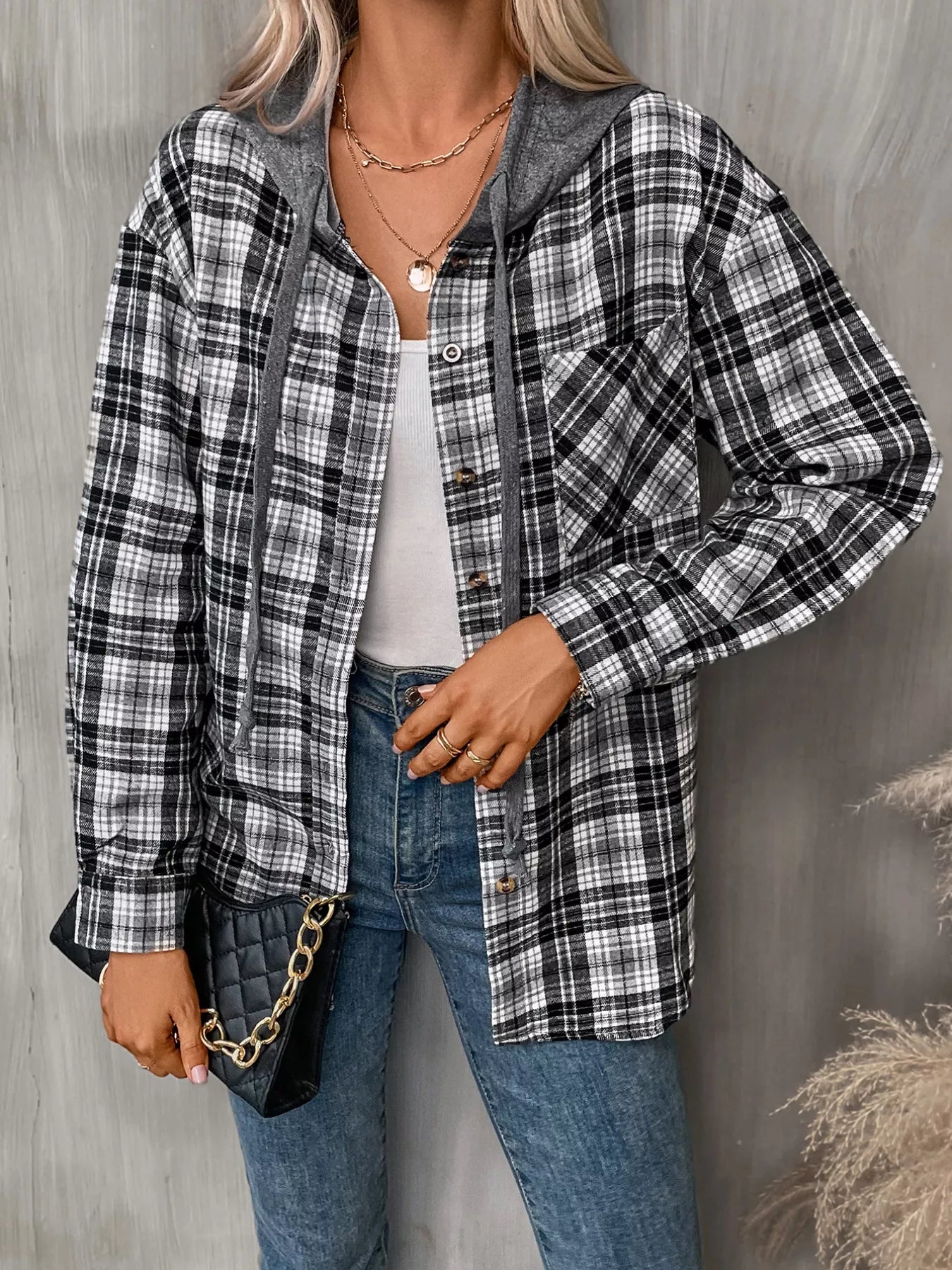 Plaid Button-Up Hooded Shirt