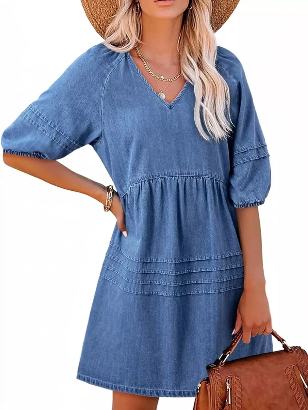 V-Neck Puff Sleeve Denim Mini Dress
