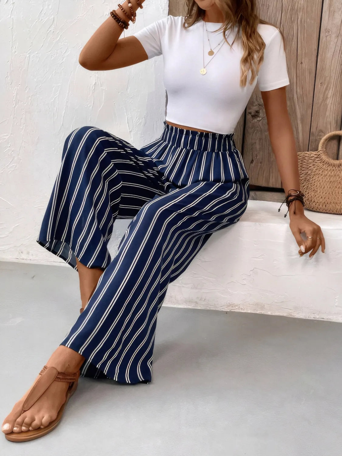 Striped Wide Leg Pants in Dark Navy