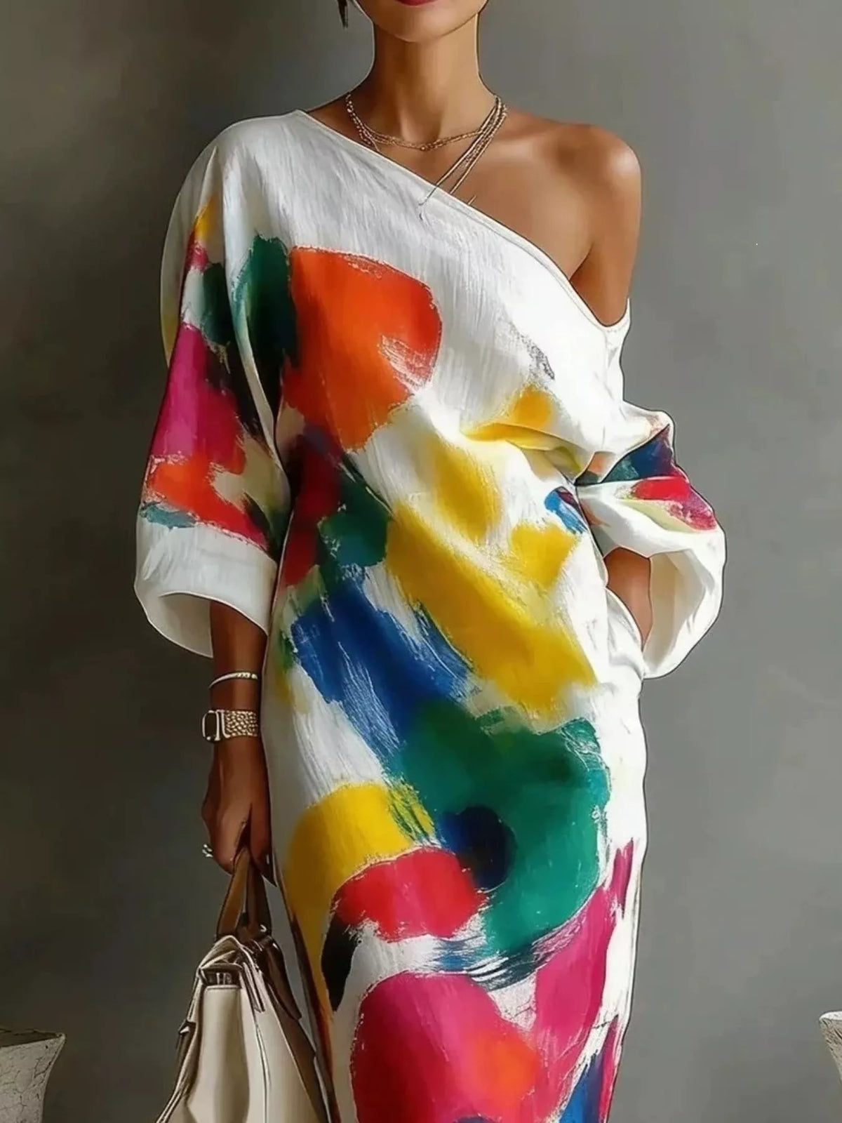 One-Shoulder Abstract Print Maxi Dress by Kaelinne
