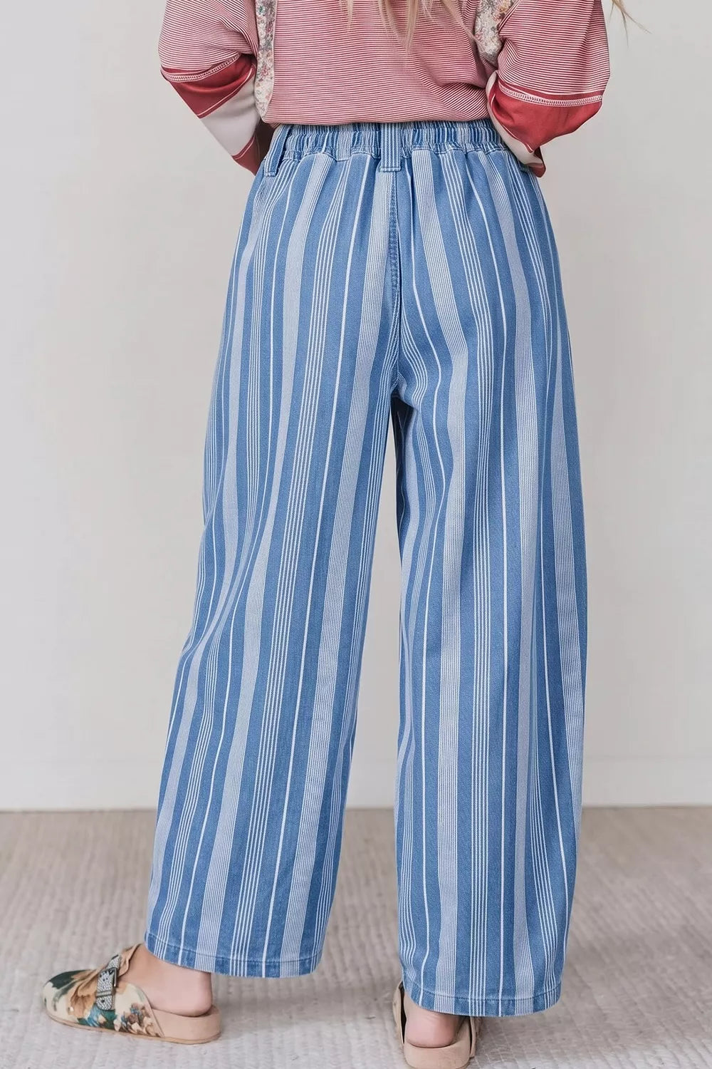 Striped High Waist Barrel Jeans in Light Blue
