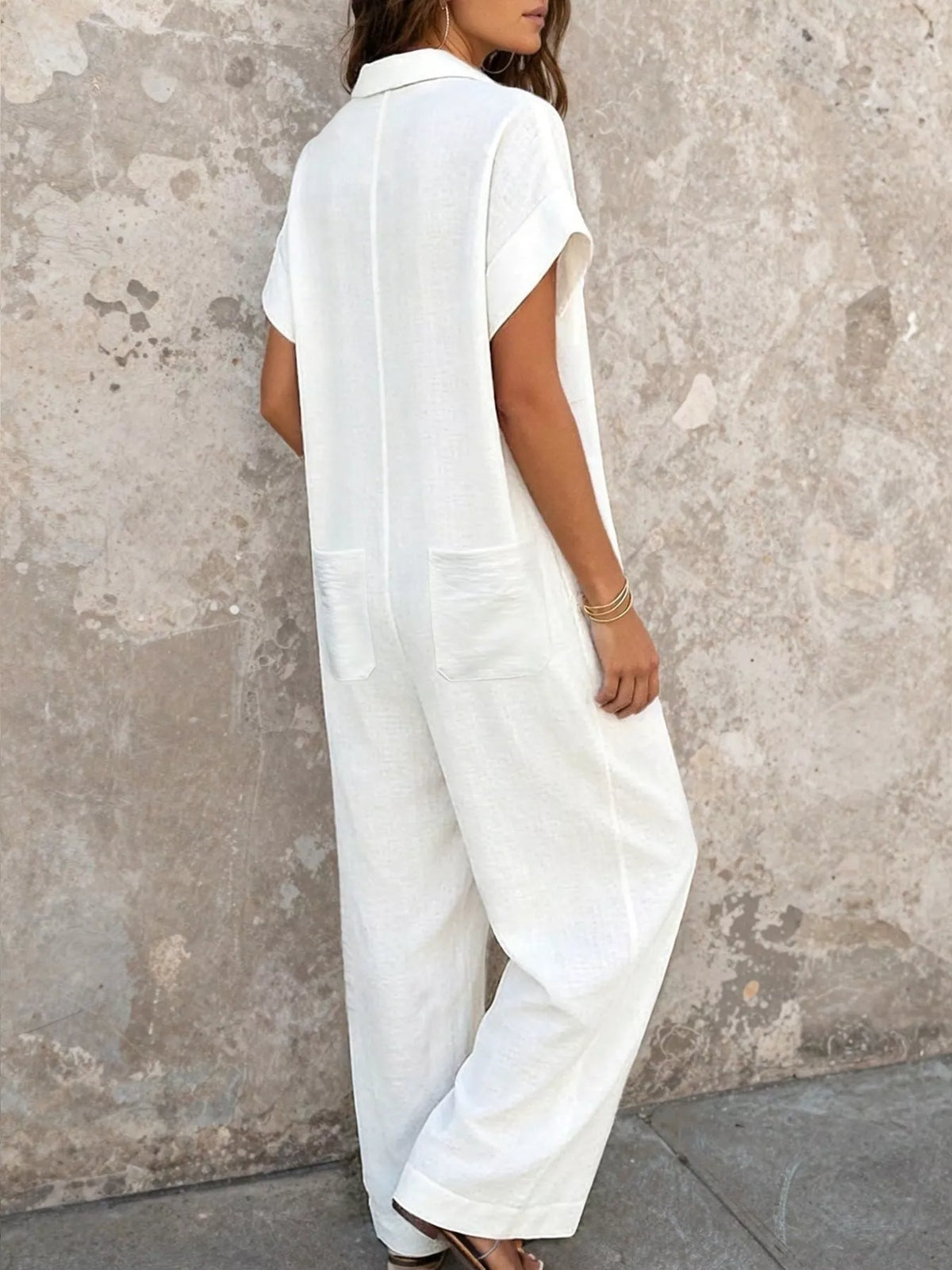 Classic Button-Front Short Sleeve Jumpsuit