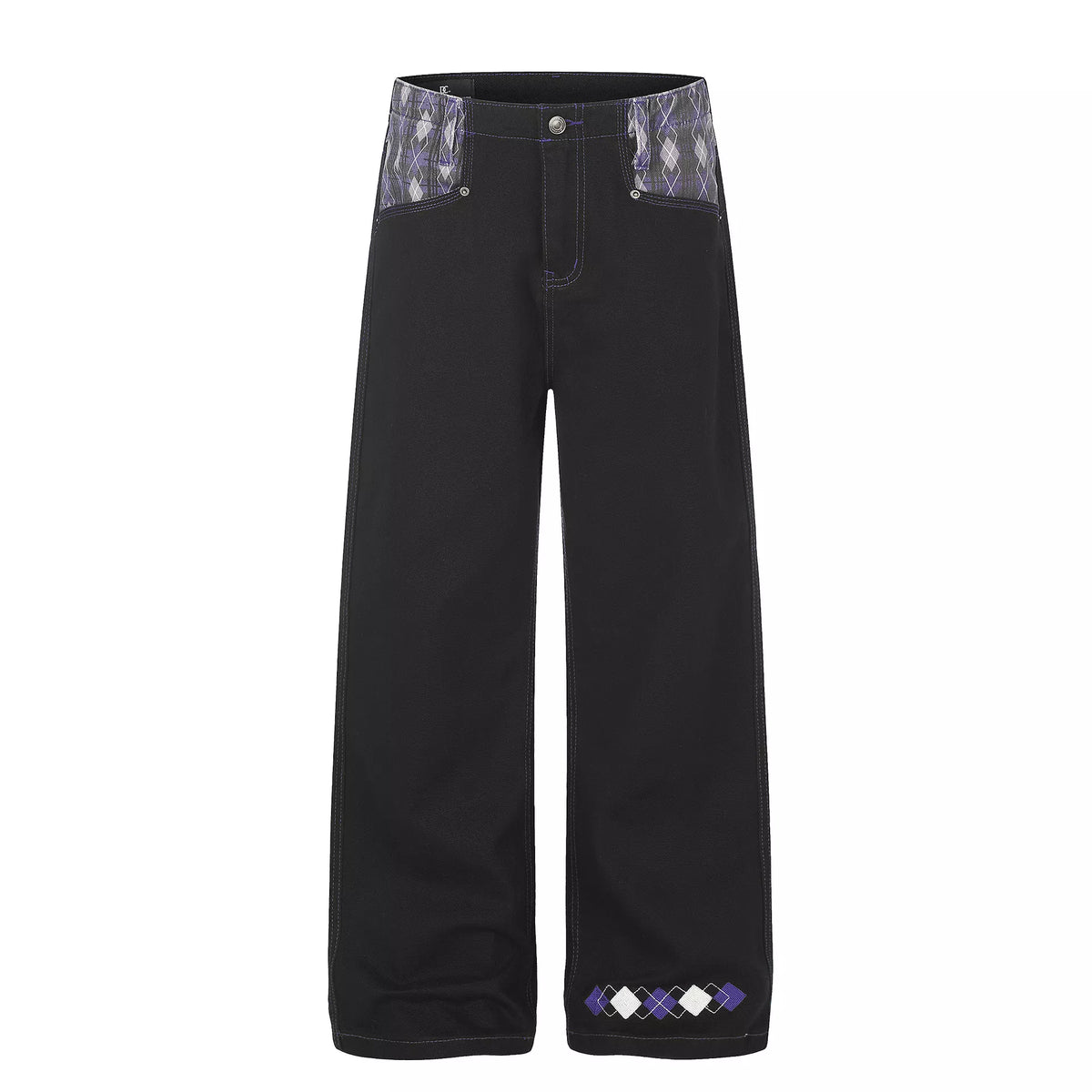 High-Waisted Wide-Leg Jeans with Argyle Accents in Black by TrendMaster