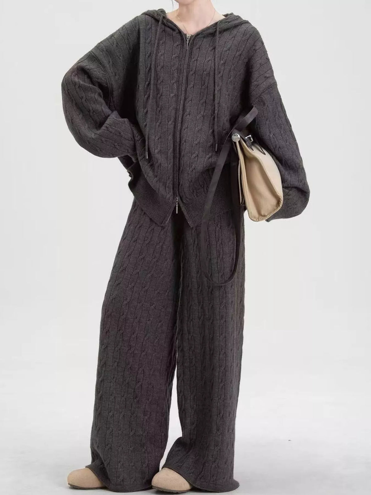 Cable Knit Zip-Up Hooded Cardigan and Wide-Leg Pants Set