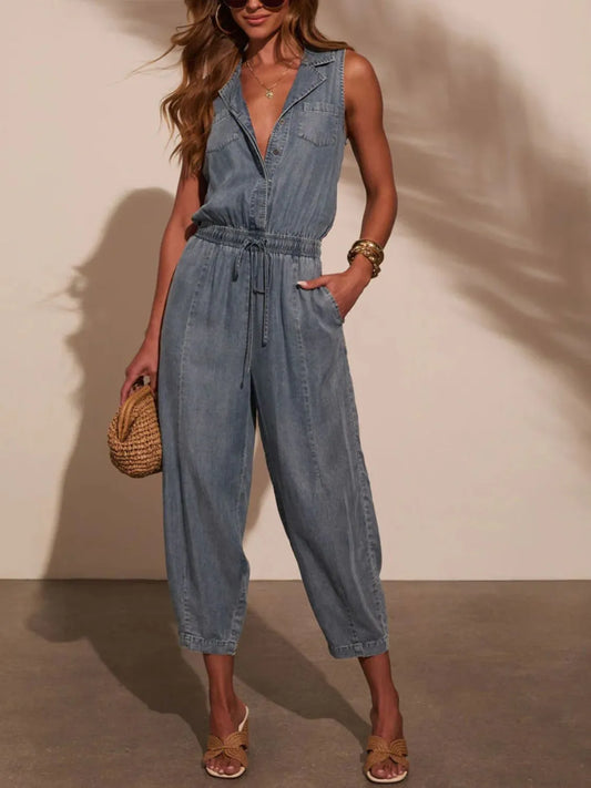 Sleeveless Drawstring-Waist Denim Jumpsuit in Medium Wash