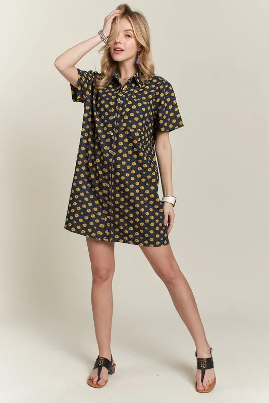 Floral Button-Up Mini Denim Dress in Dark Wash