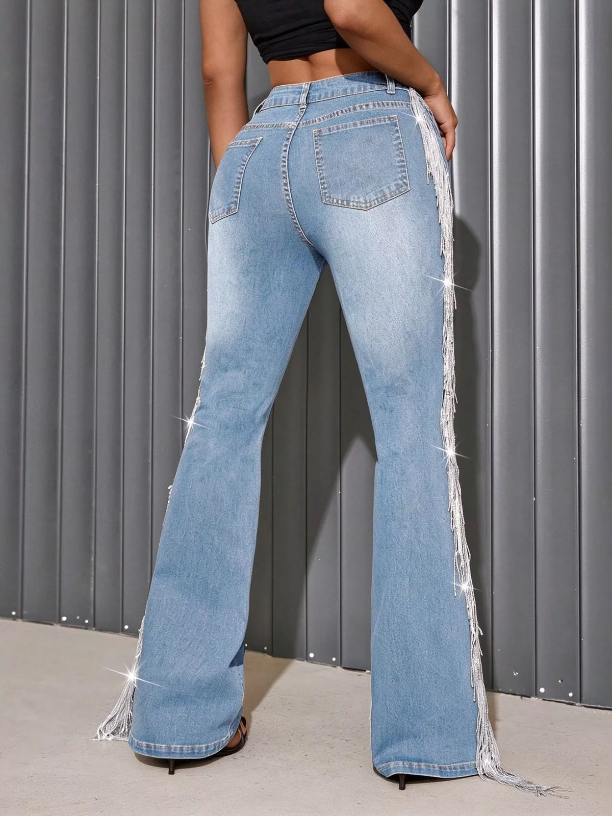 Fringe Flare Jeans in Light Blue