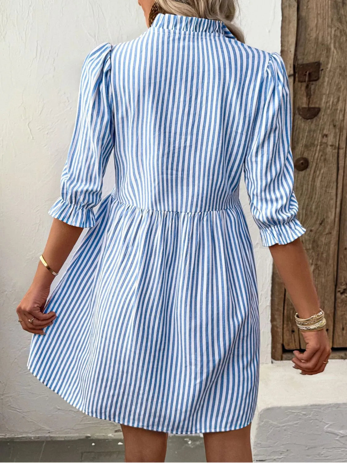 Striped Half Sleeve Mini Shirt Dress in Light Blue