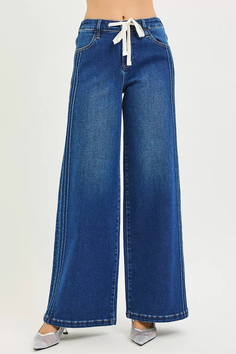 Risen Pintuck Drawstring Wide Leg Jeans in Dark Wash
