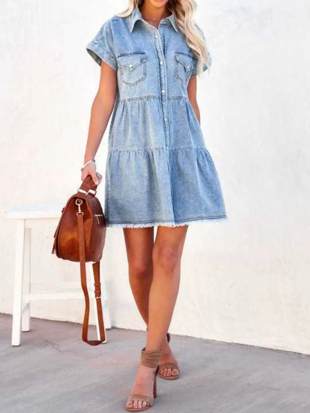 Raw-Hem Short-Sleeve Denim Dress in Light Blue by Y.Y@Denim