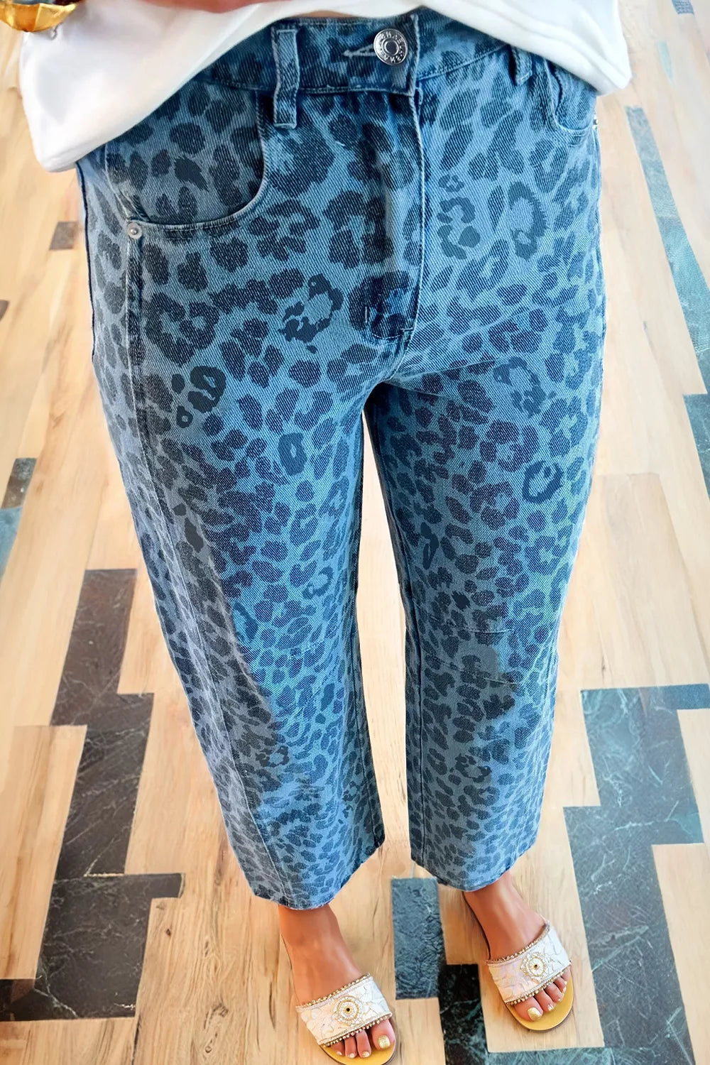 Leopard Print Barrel Leg Jeans in Cerulean