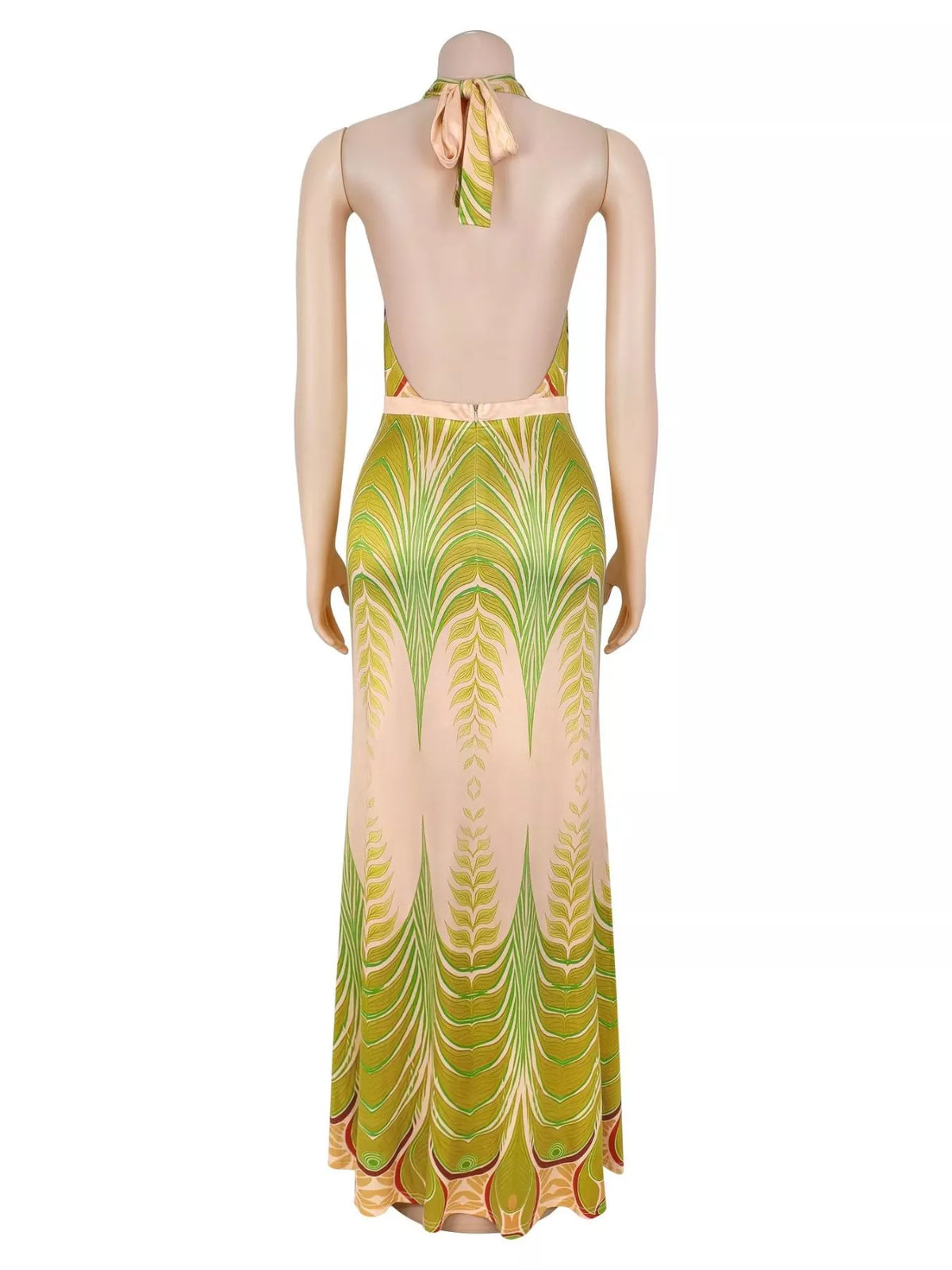 Halter Neck Maxi Dress with Gradient Leaf Print in Yellow-Green