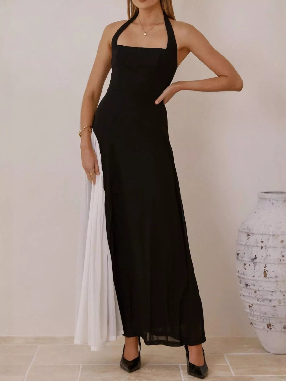 Ruched Halter Maxi Dress in Black