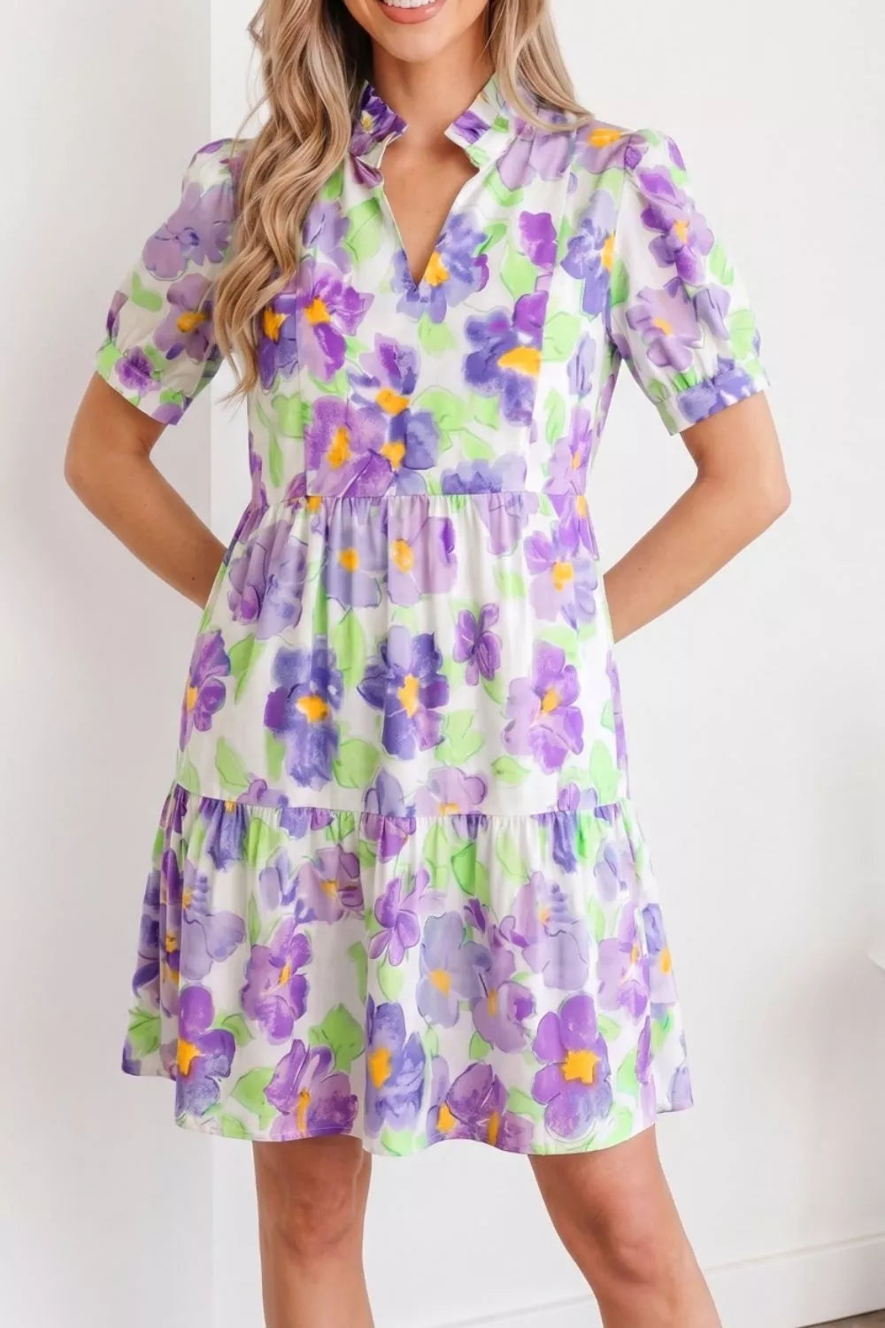 Floral Tiered Ruffle Mini Dress in Lilac
