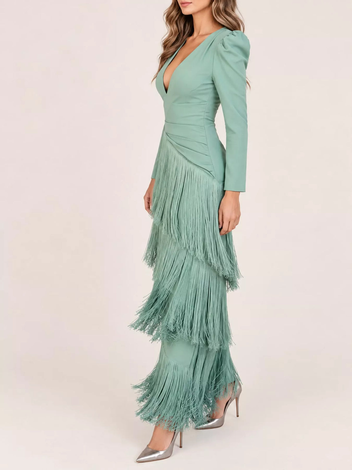 Fringed V-Neck Puff Sleeve Maxi Dress