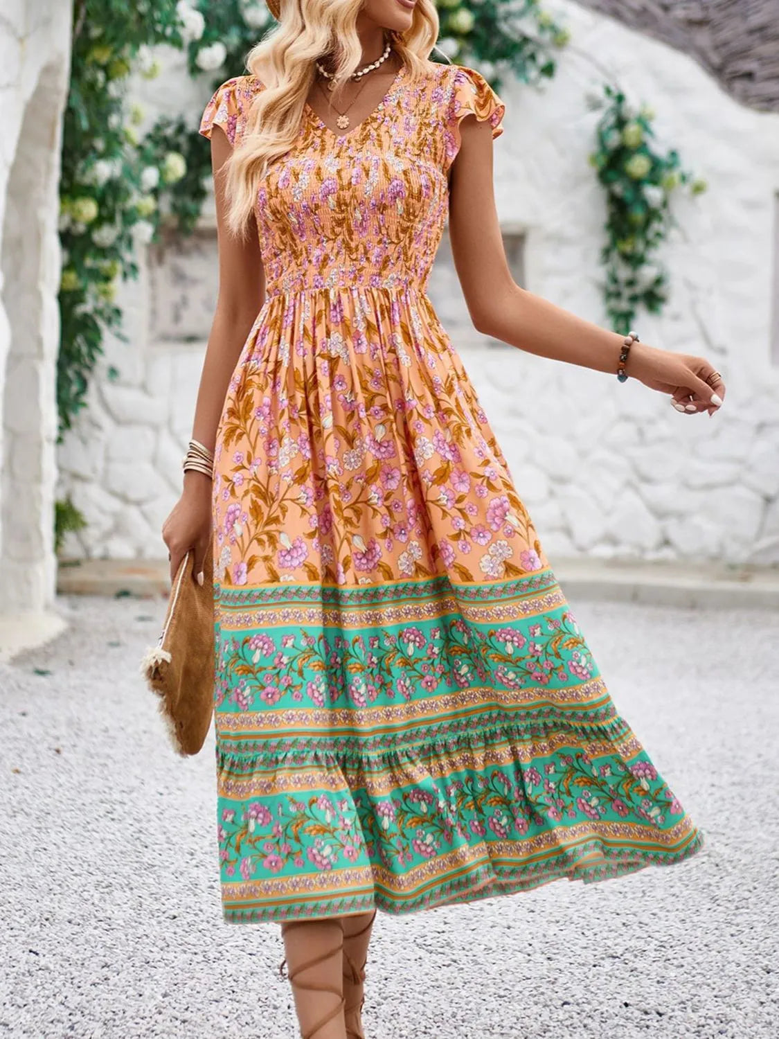 Printed Round Neck Cap Sleeve Dress by Golden Gueen