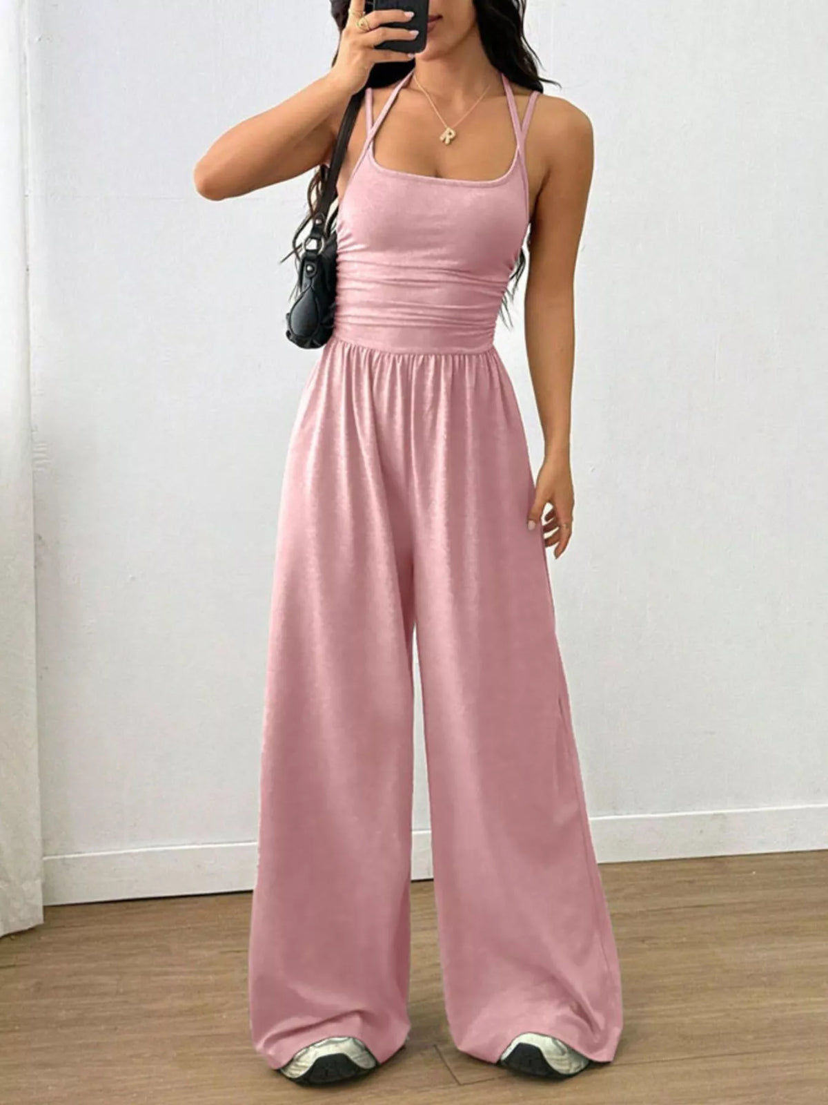 Ruched Spaghetti Strap Wide Leg Jumpsuit