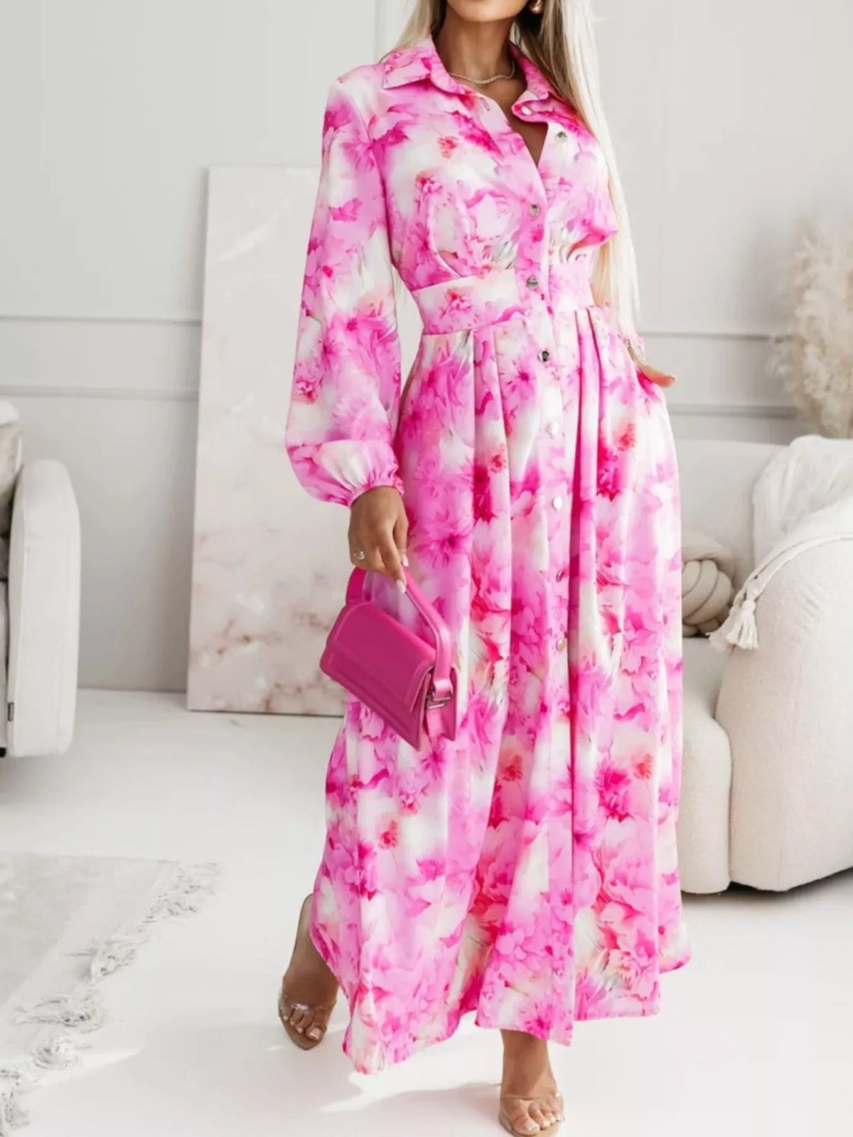 Long Sleeve Ruched Maxi Shirt Dress