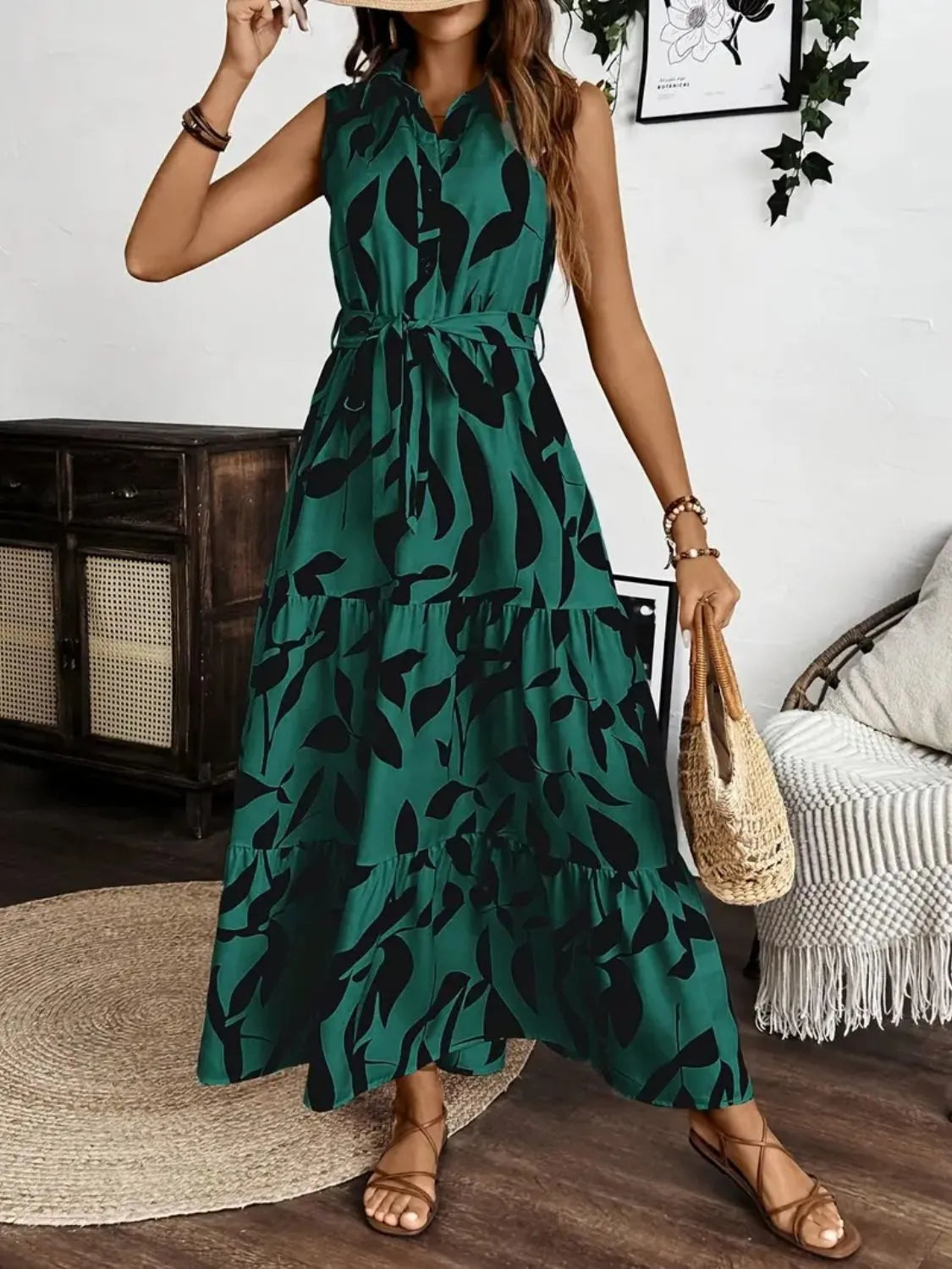 Printed Button-Front Tie-Waist Maxi Dress