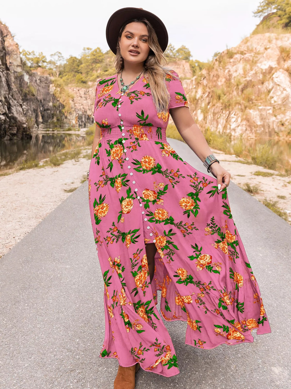 Floral V-Neck Maxi Dress in Fuchsia Pink