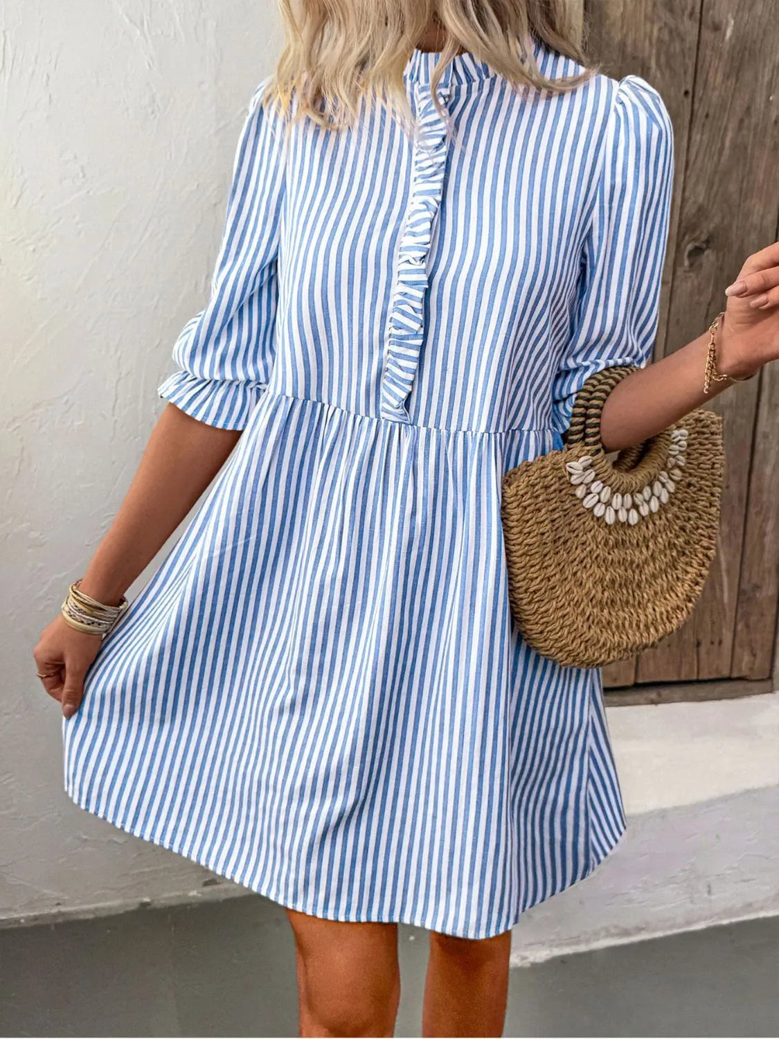 Striped Half Sleeve Mini Shirt Dress in Light Blue