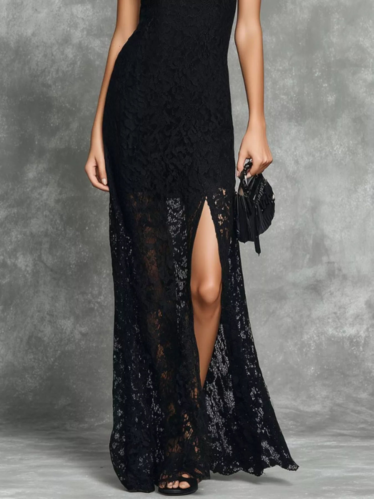 Lace Slit Maxi Dress in Black