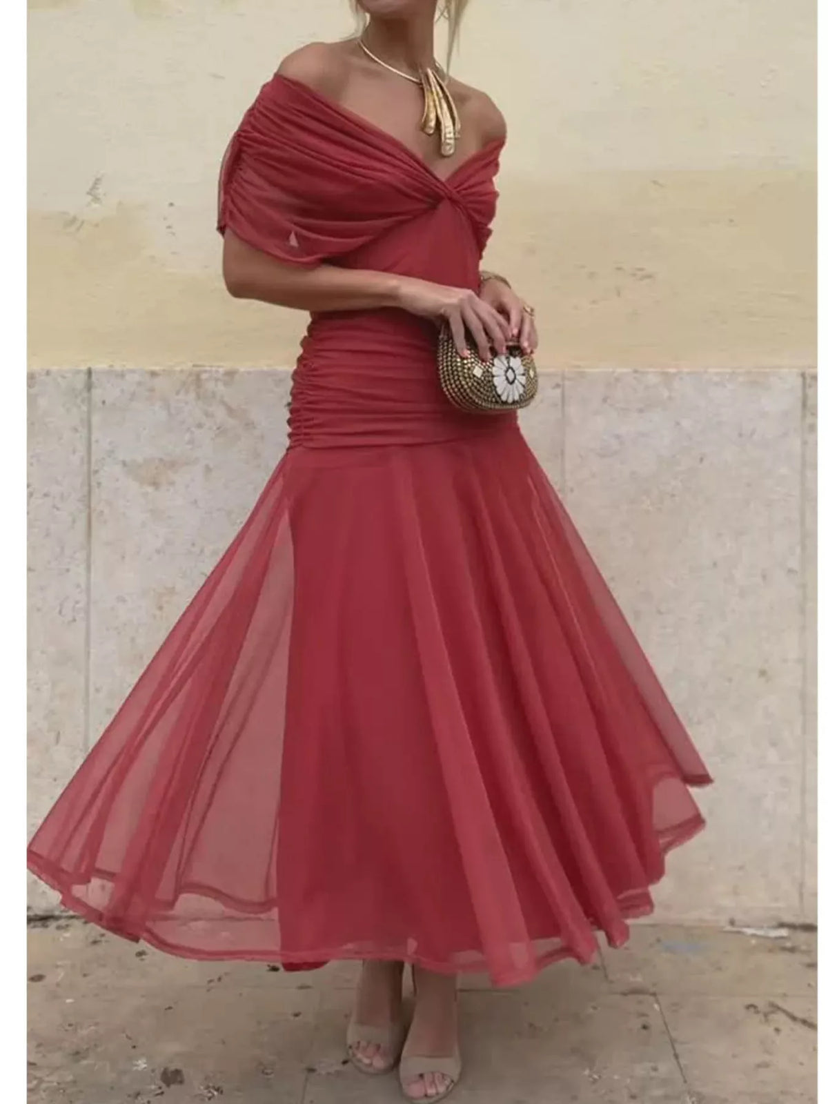 Off-Shoulder Mesh Ruched Maxi Dress, Plus Size