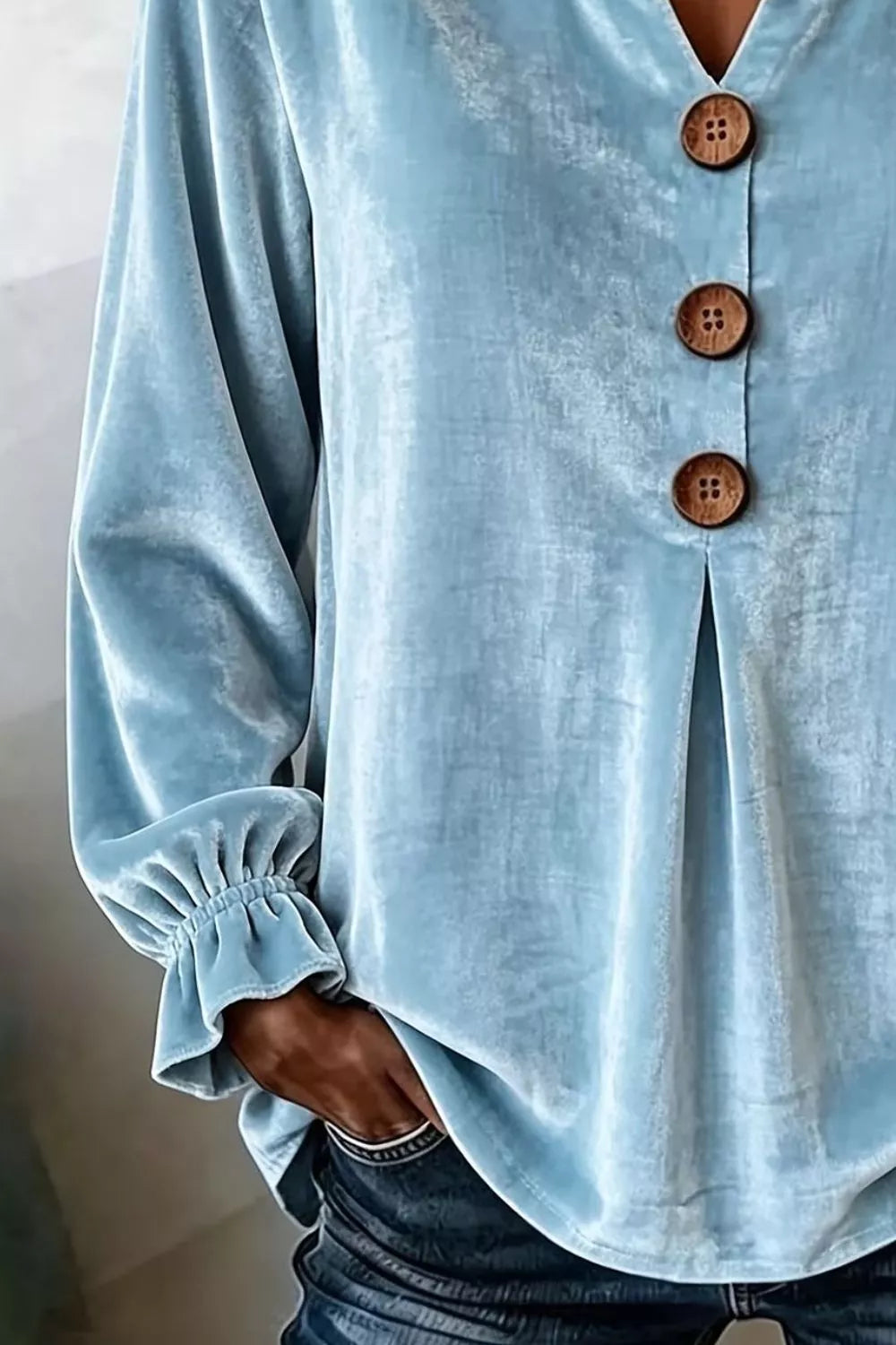Velvet Button Decor Blouse with Ruffled Cuffs