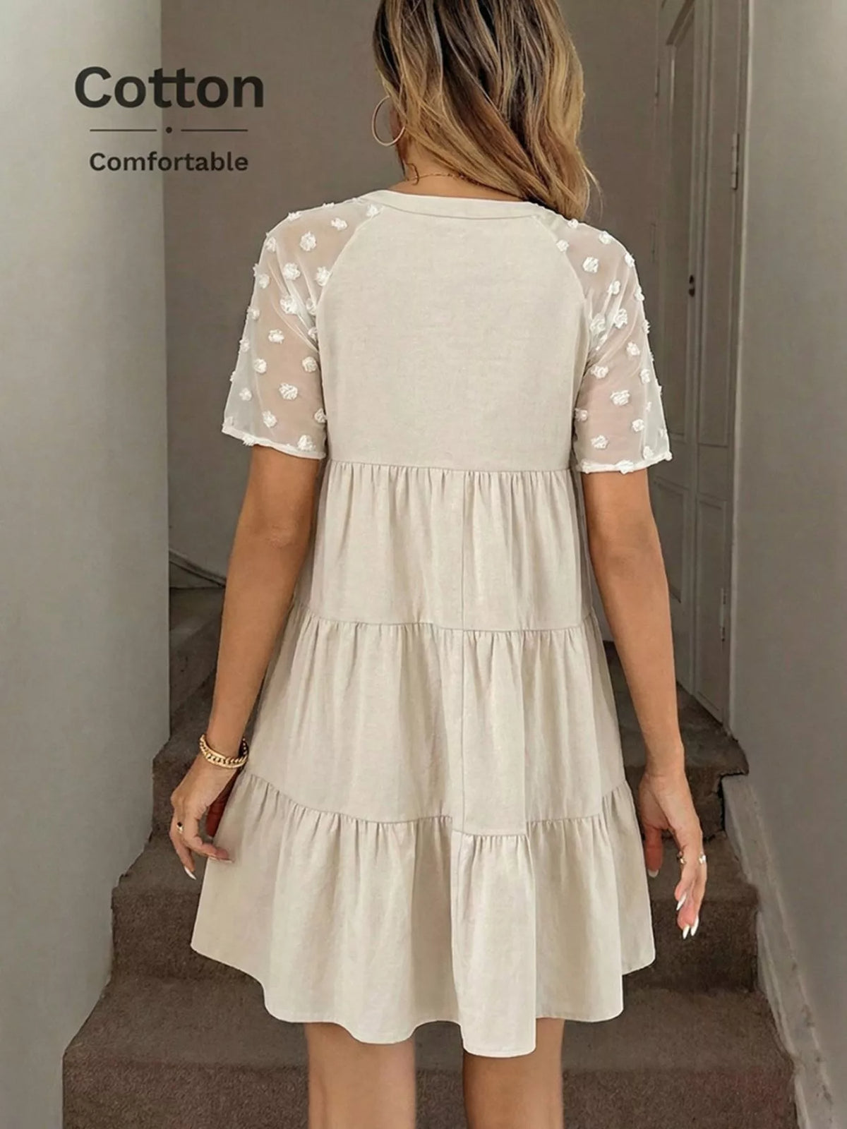 Swiss Dot Tiered Mini Dress in Apricot