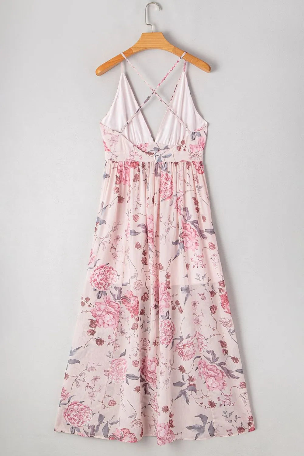 Floral Pleated Deep V Backless Maxi Dress in Blush Pink
