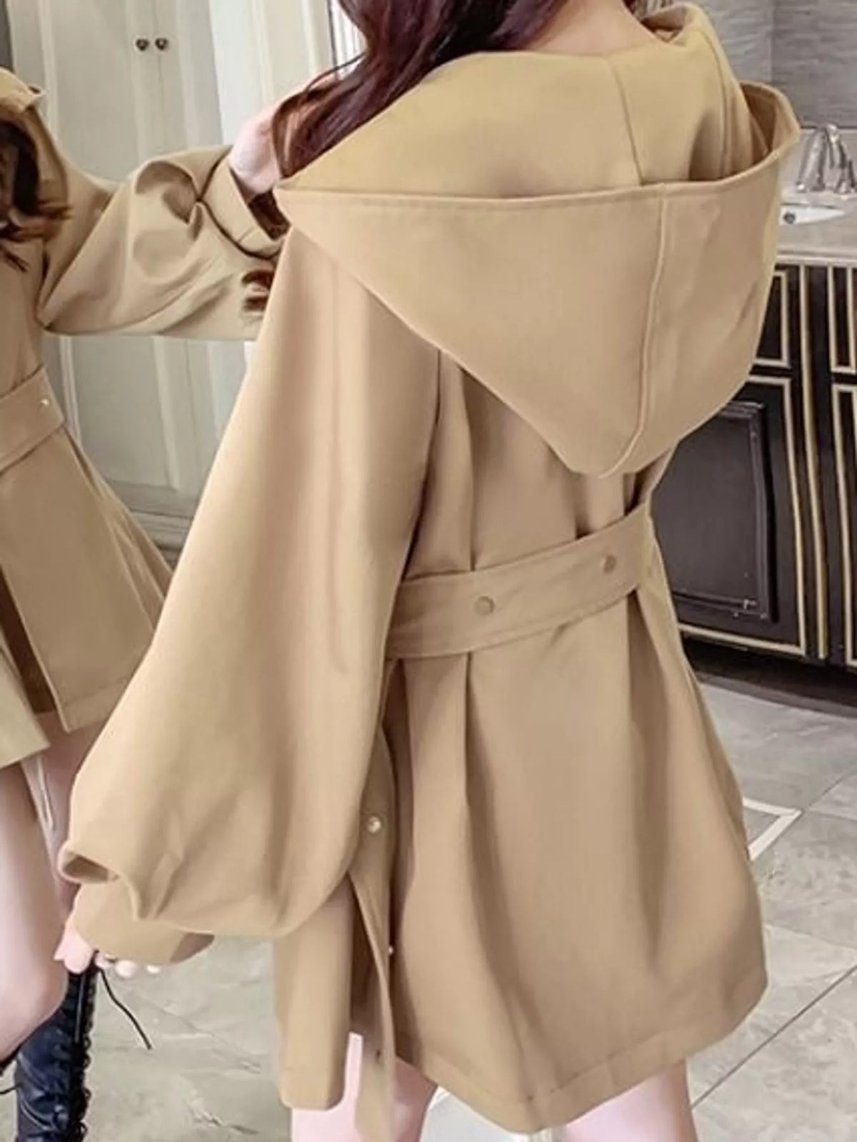 Lantern Sleeve Hooded Jacket with Belted Waist