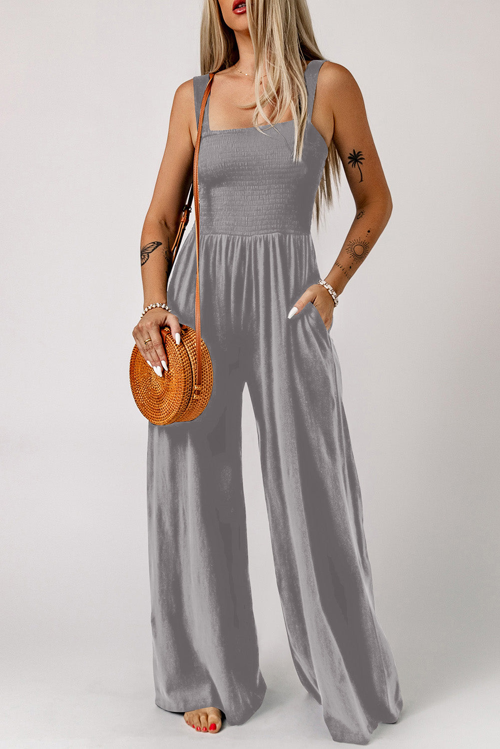 Smocked Square Neck Wide Leg Jumpsuit