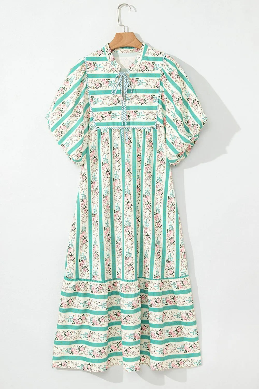 Striped Floral Tie-Neck Puff Sleeve Midi Dress in Sage