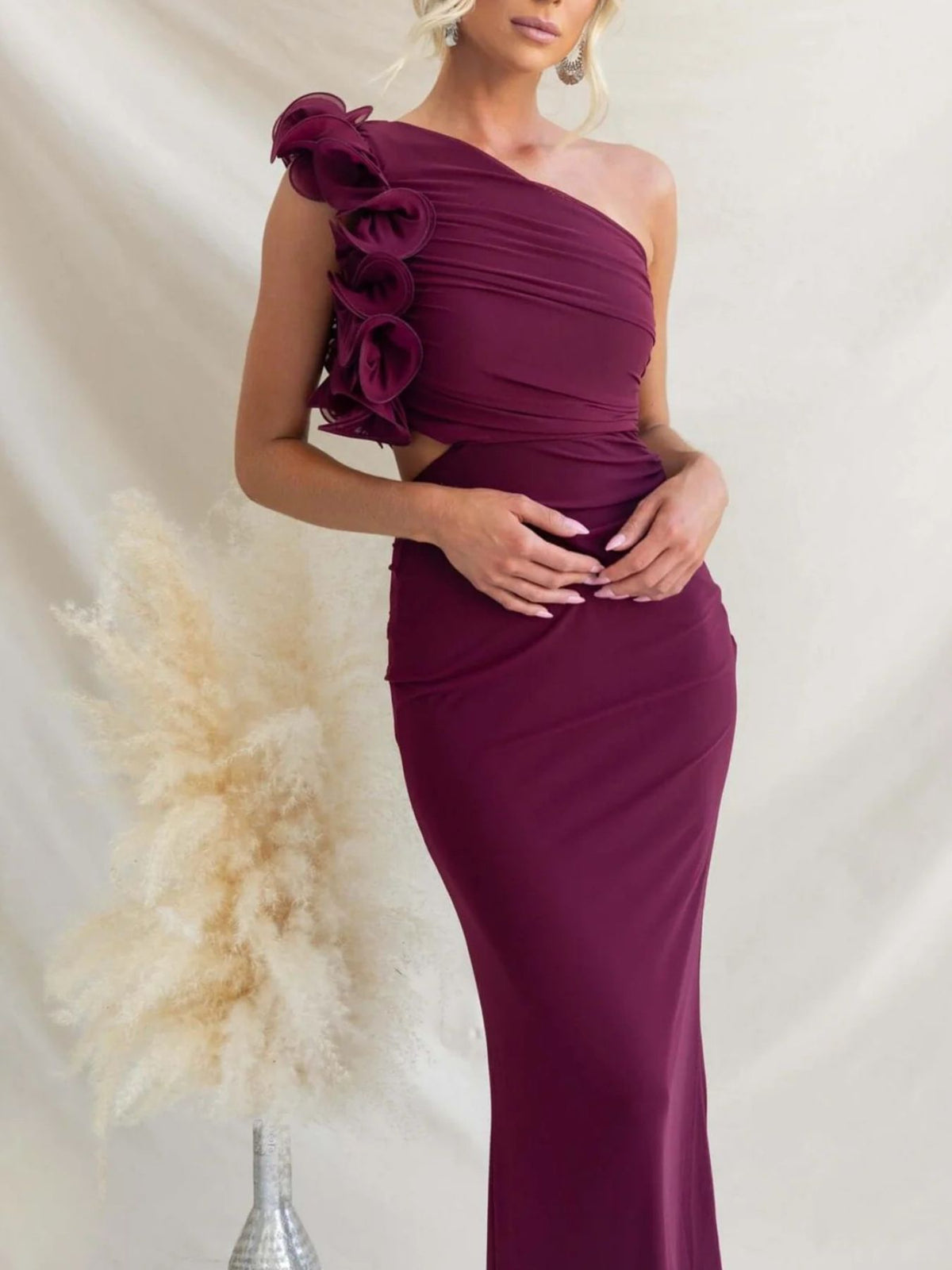 One-Shoulder Floral Trim Maxi Dress