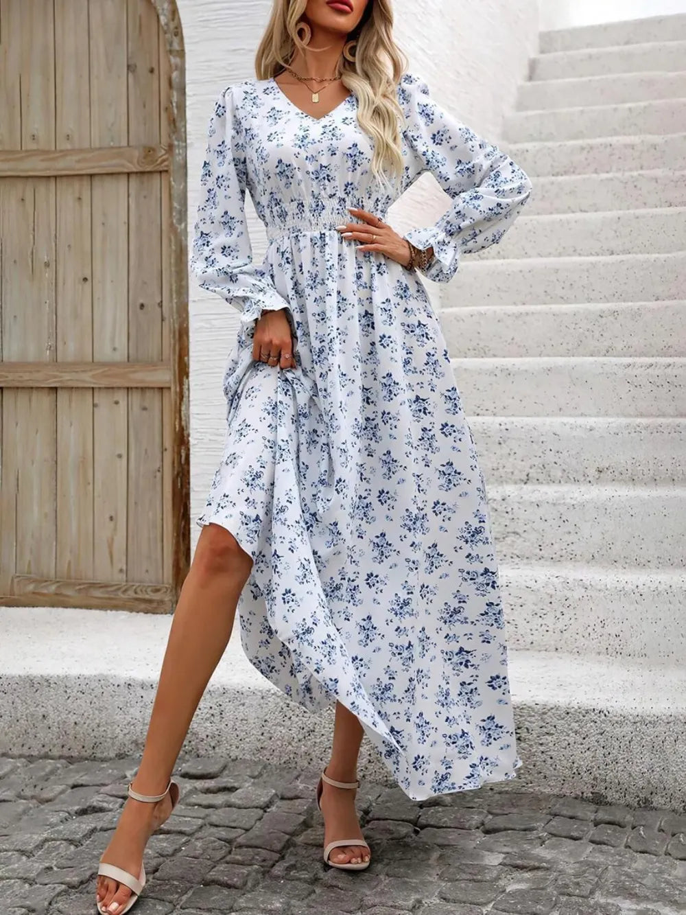 Smocked V-Neck Flounce Sleeve Dress