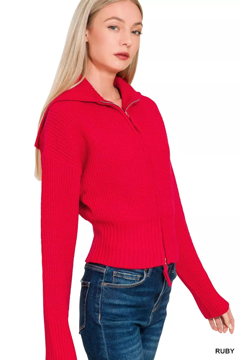 Zenana Ribbed Zip-Up Cardigan in Ruby