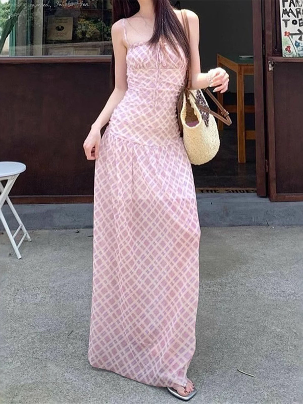 Plaid Spaghetti Strap Maxi Dress in Pink
