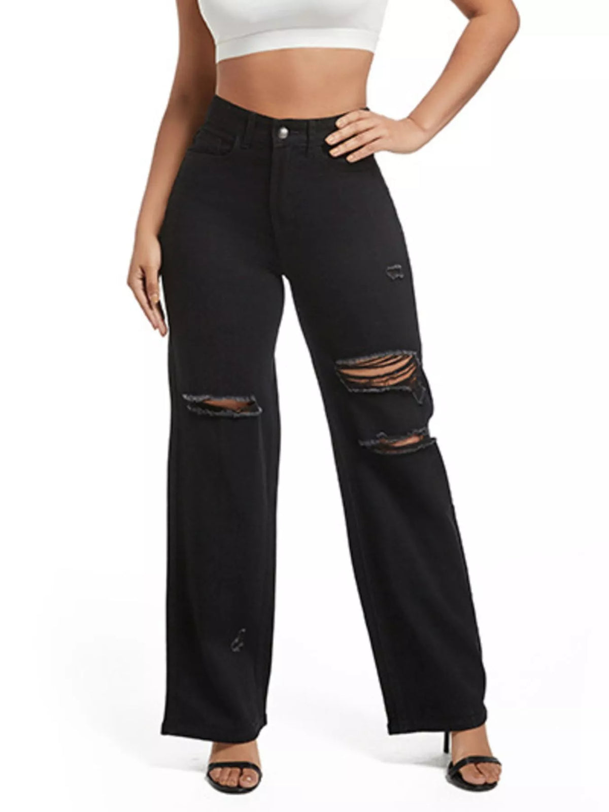 Distressed Wide Leg Jeans with Cat's Whisker Detail