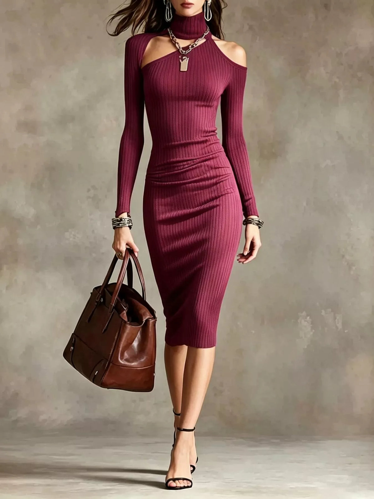Cold-Shoulder Turtleneck Ribbed Dress